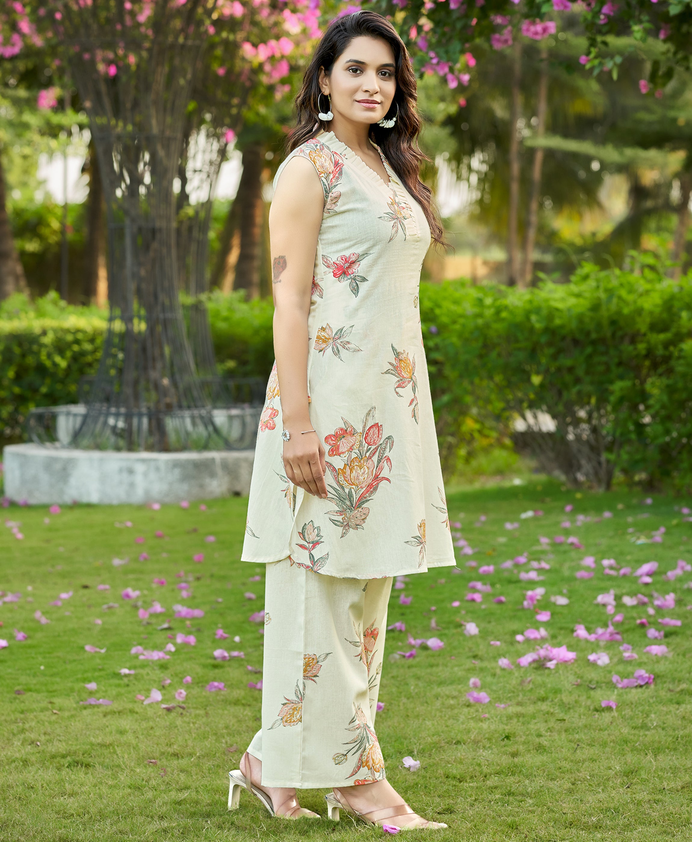 Her Couture Women's Red Cotton Floral Printed Party Co-ord Set