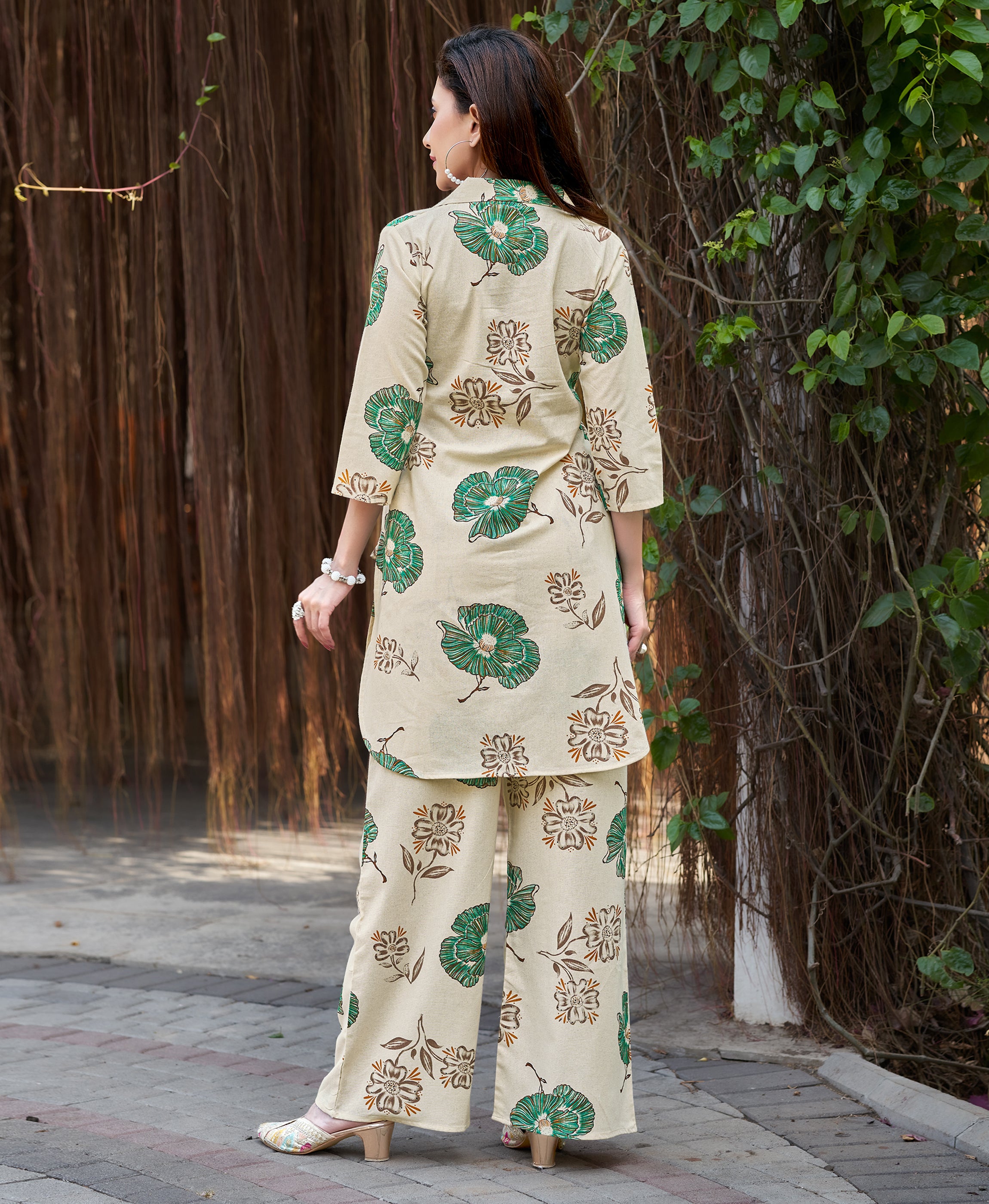 Her Couture Women's Green Cotton Floral Printed Party Co-ord Set