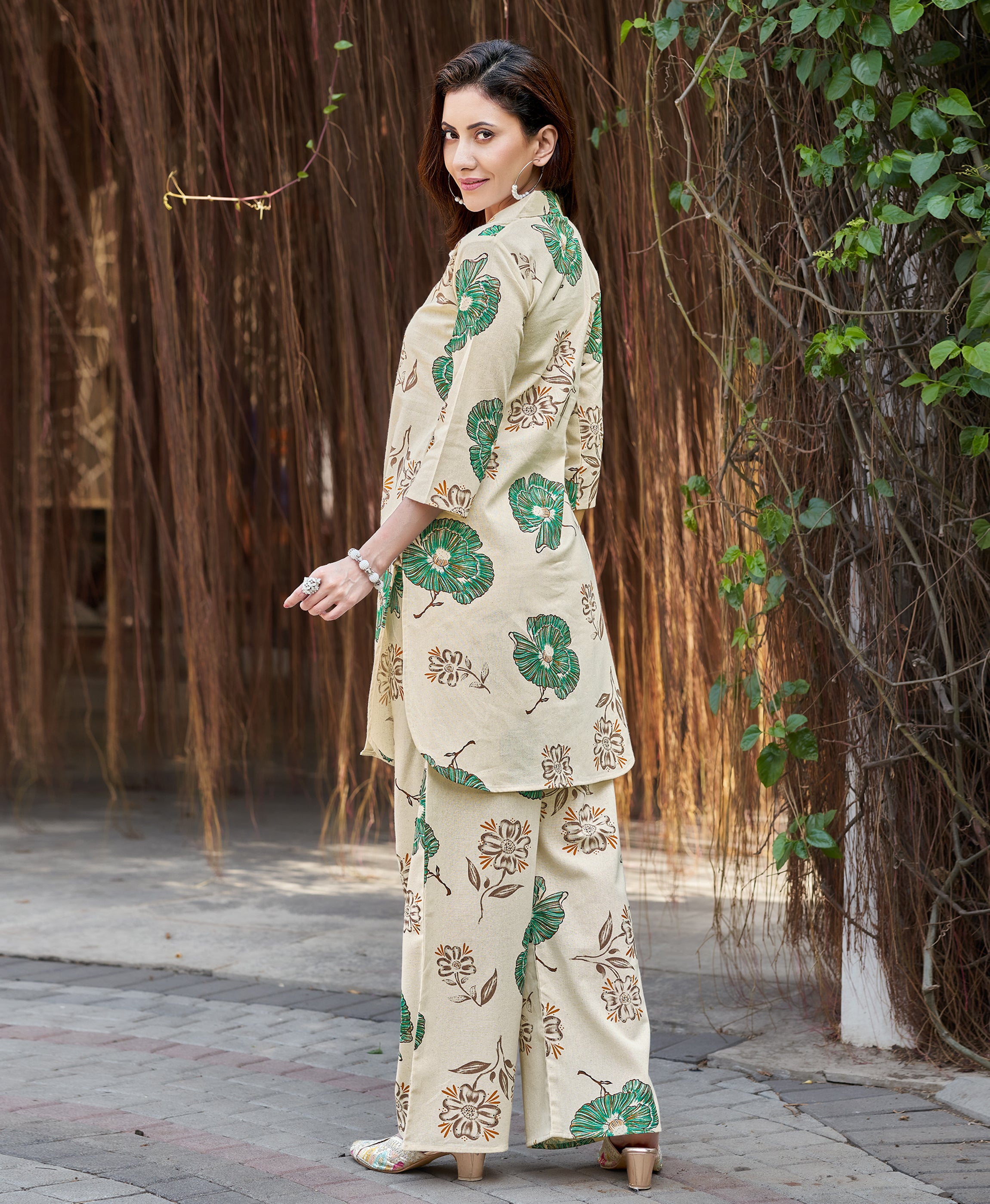 Her Couture Women's Green Cotton Floral Printed Party Co-ord Set