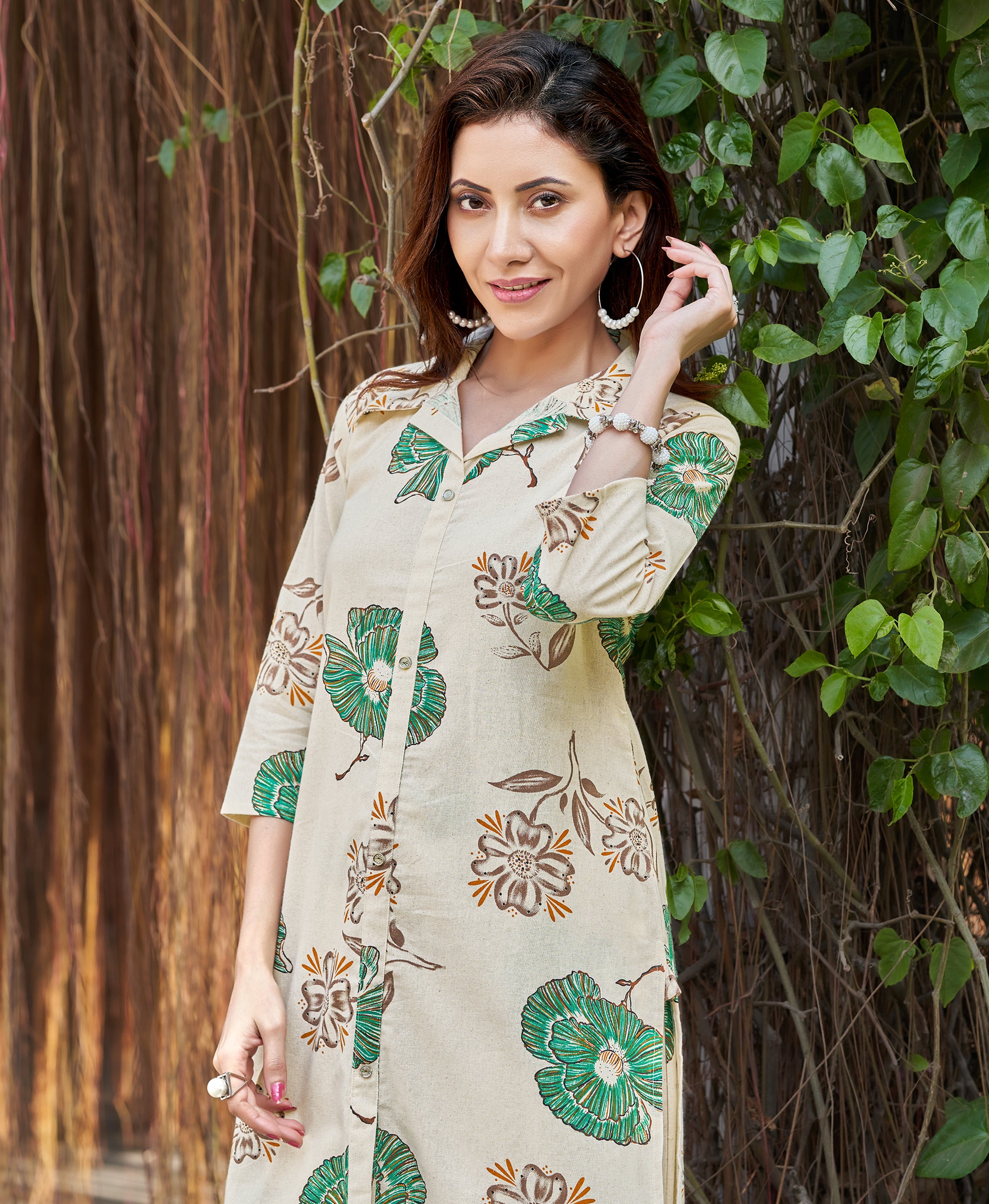 Her Couture Women's Green Cotton Floral Printed Party Co-ord Set