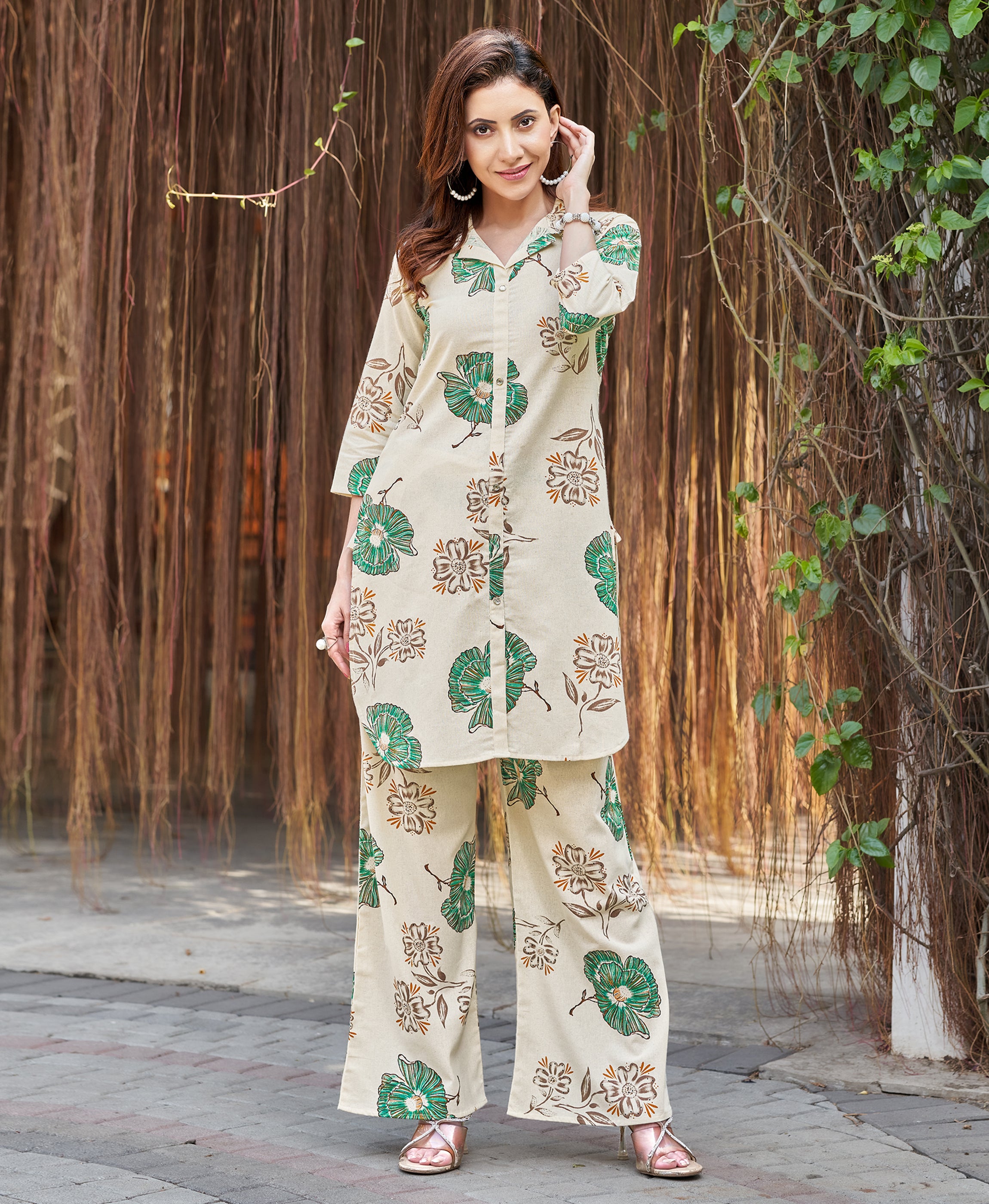 Her Couture Women's Green Cotton Floral Printed Party Co-ord Set