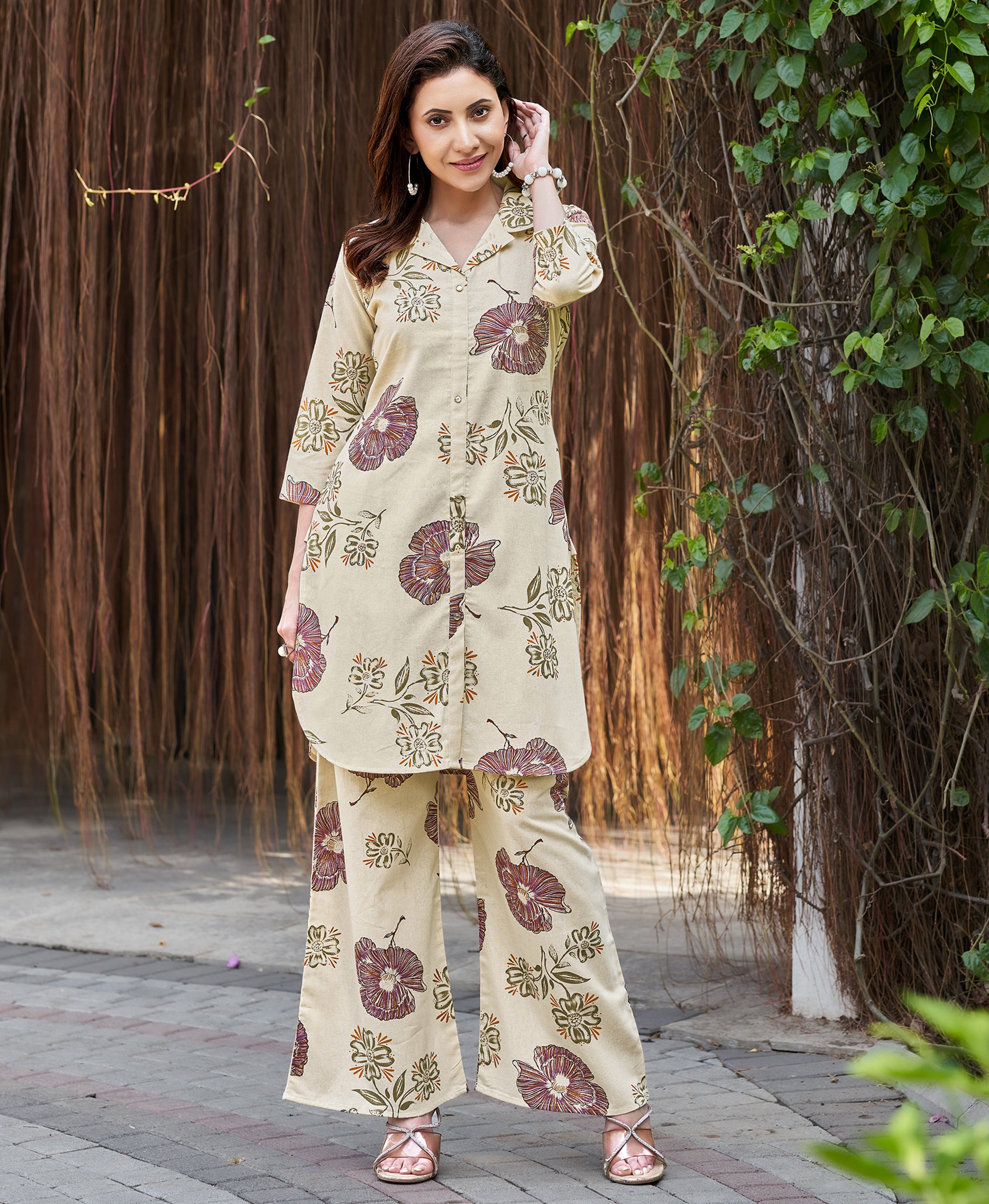 Her Couture Women's Multicolor Cotton Floral Printed Party Co-ord Set