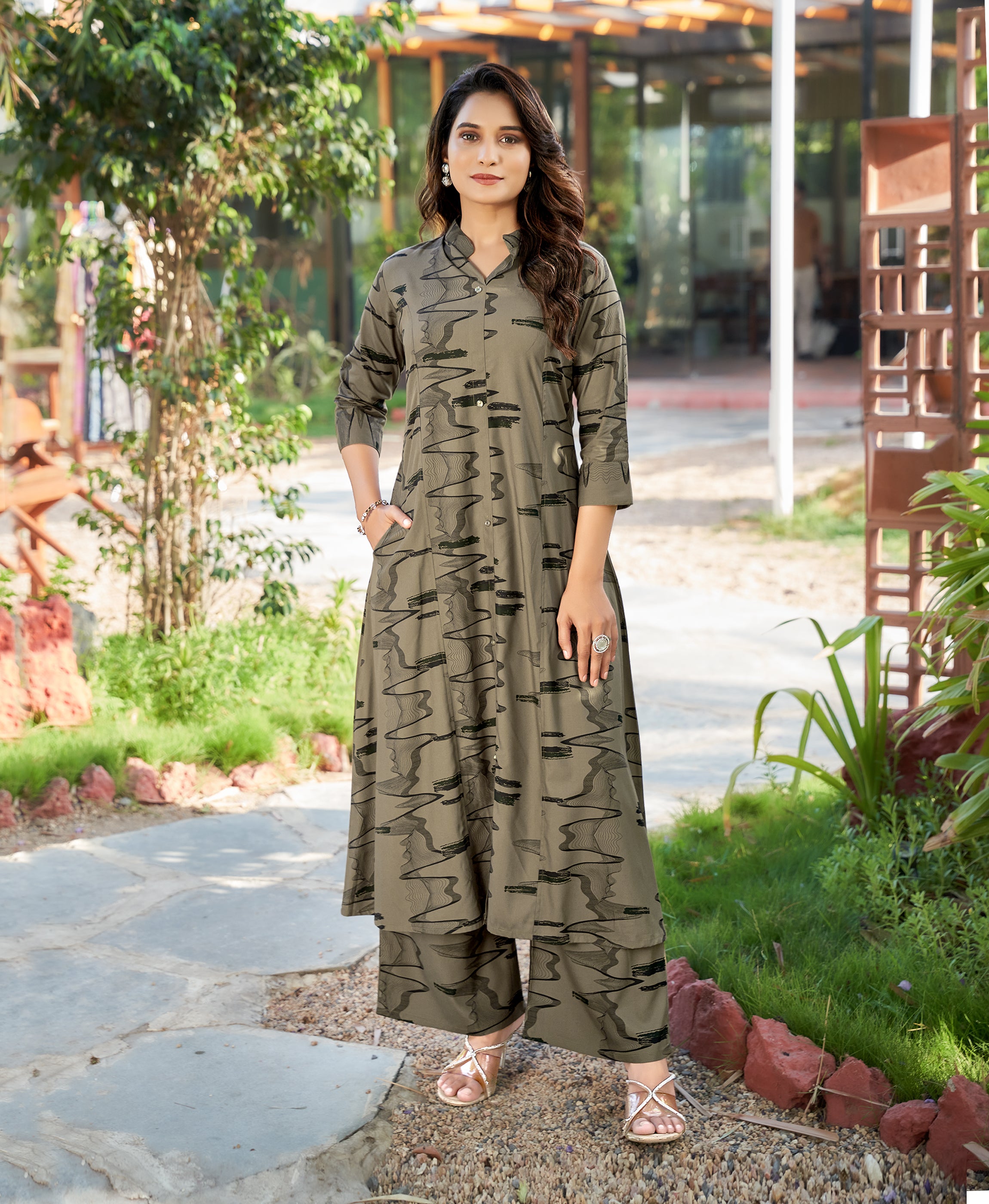 Her Couture Women's Khaki Rayon Abstract Print Party Co-ord Set