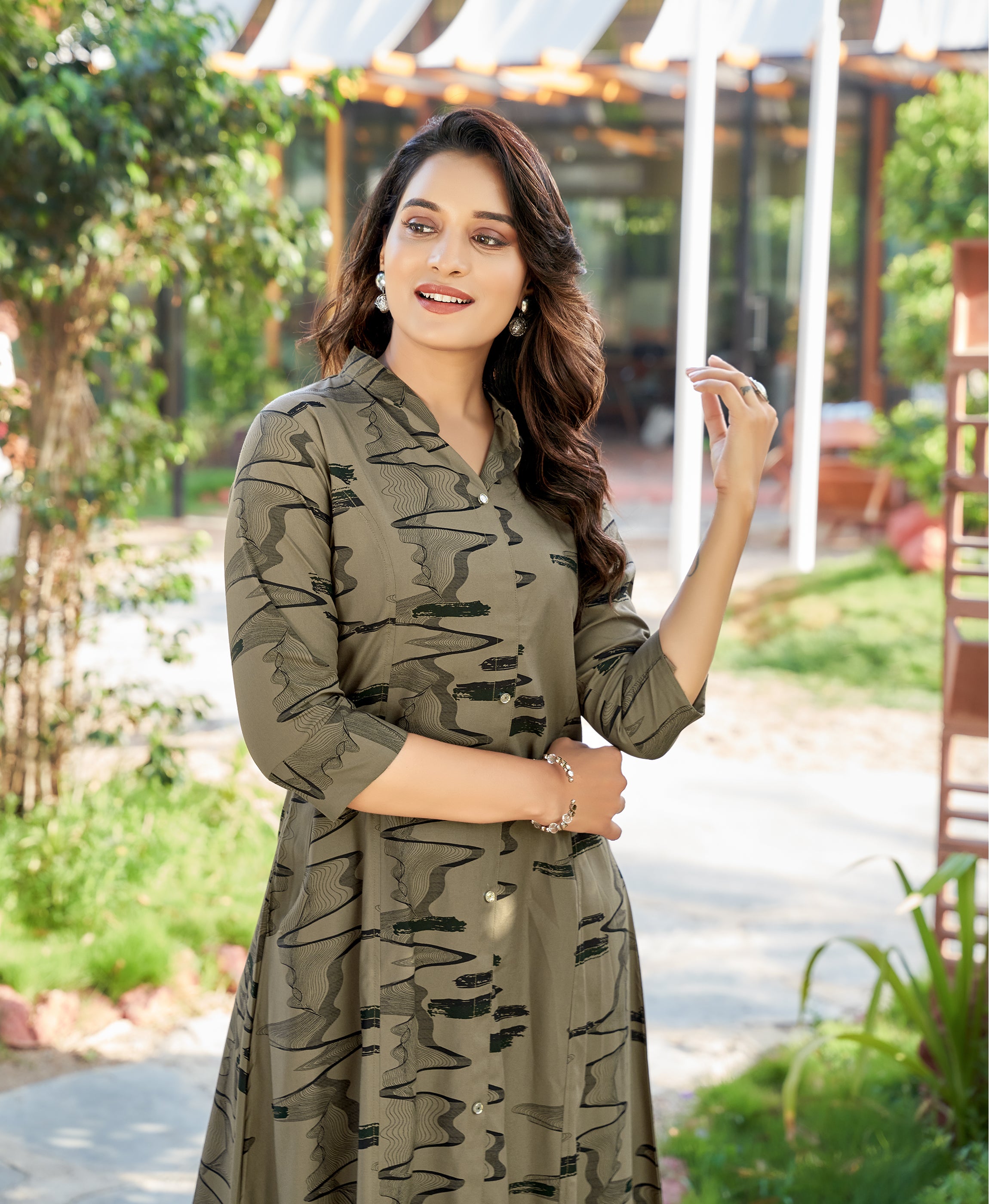 Her Couture Women's Khaki Rayon Abstract Print Party Co-ord Set