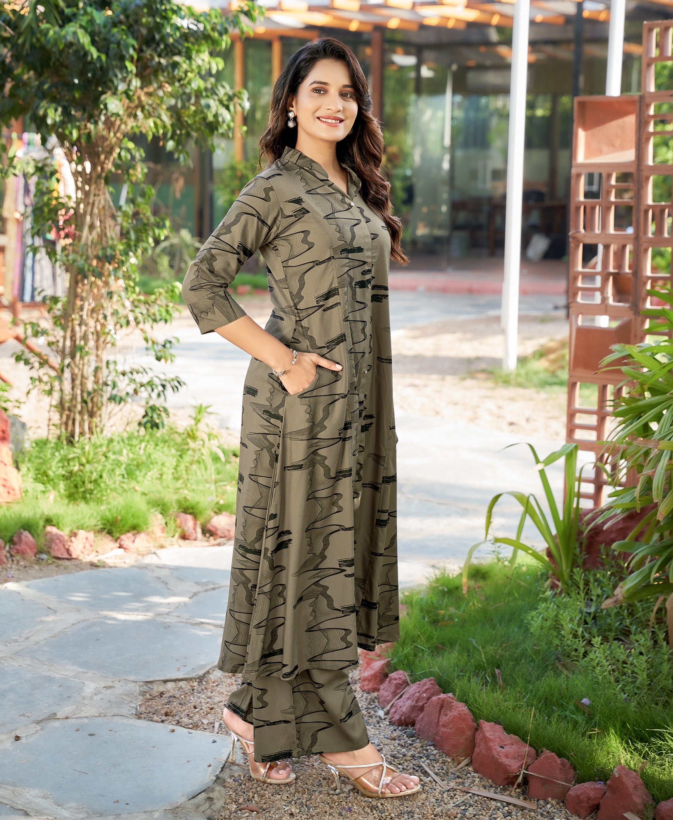 Her Couture Women's Khaki Rayon Abstract Print Party Co-ord Set