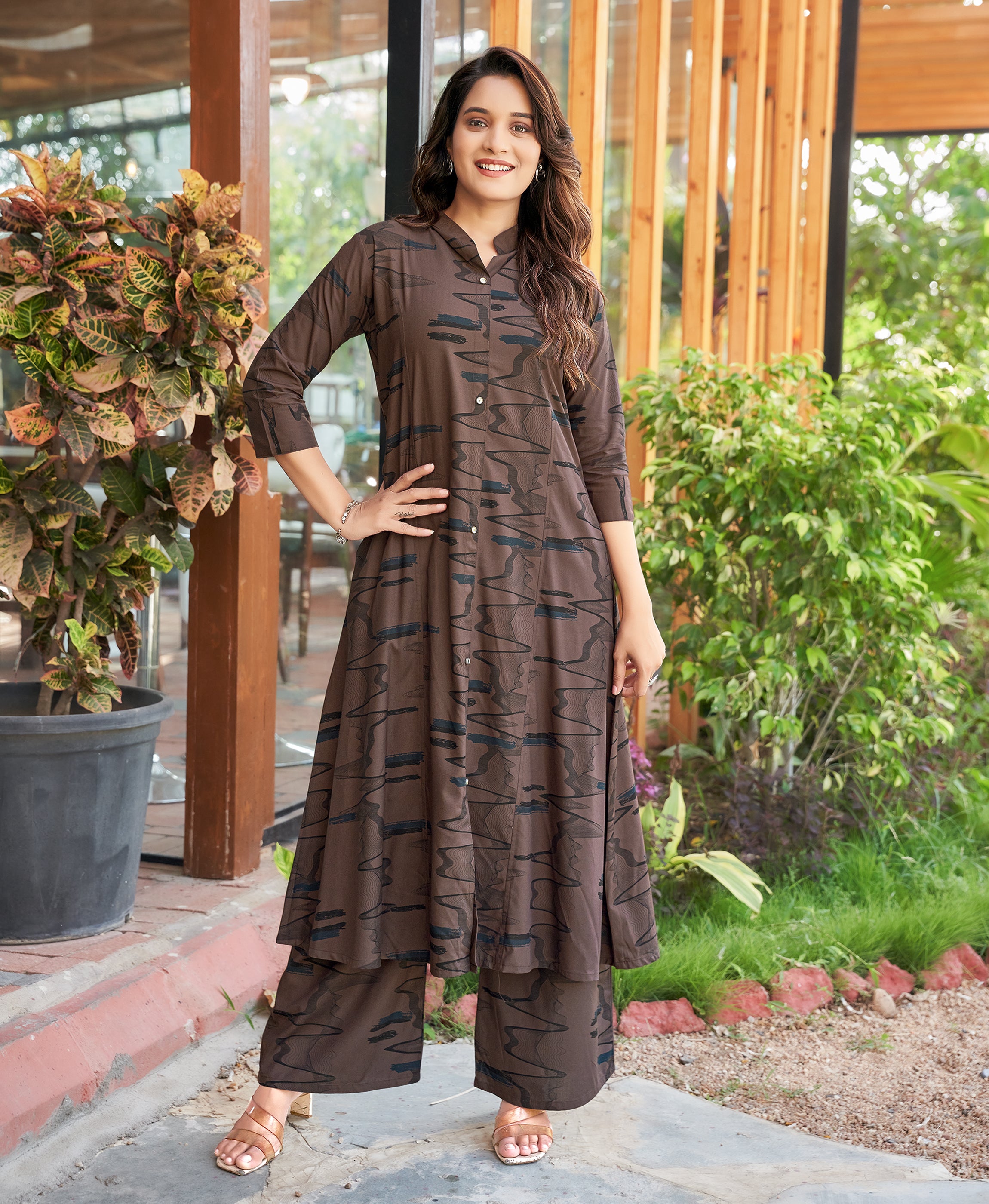 Her Couture Women's Brown Rayon Abstract Print Party Co-ord Set