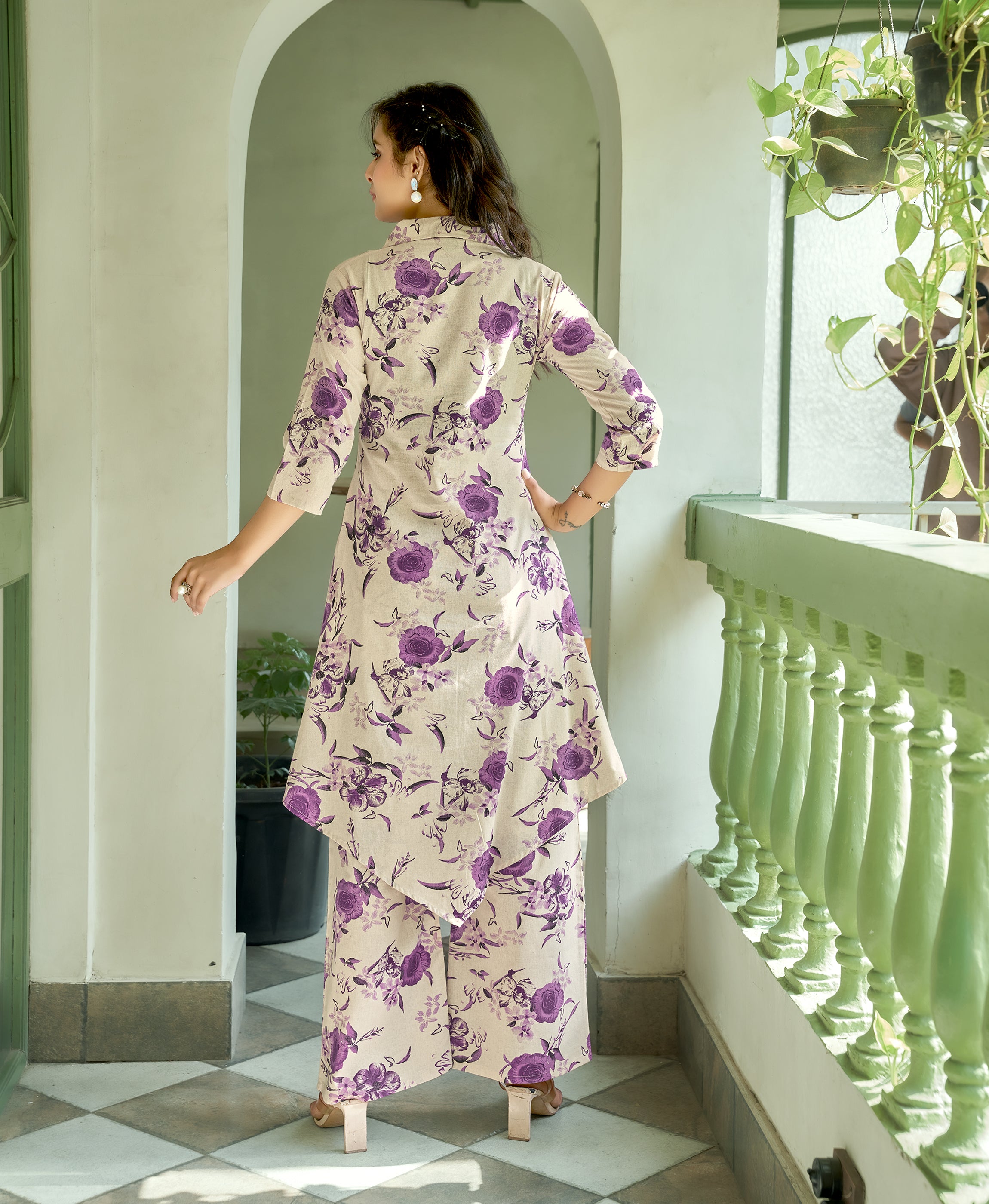 Her Couture Women's Purple Khadi Cotton Floral Printed Party Co-ord Set