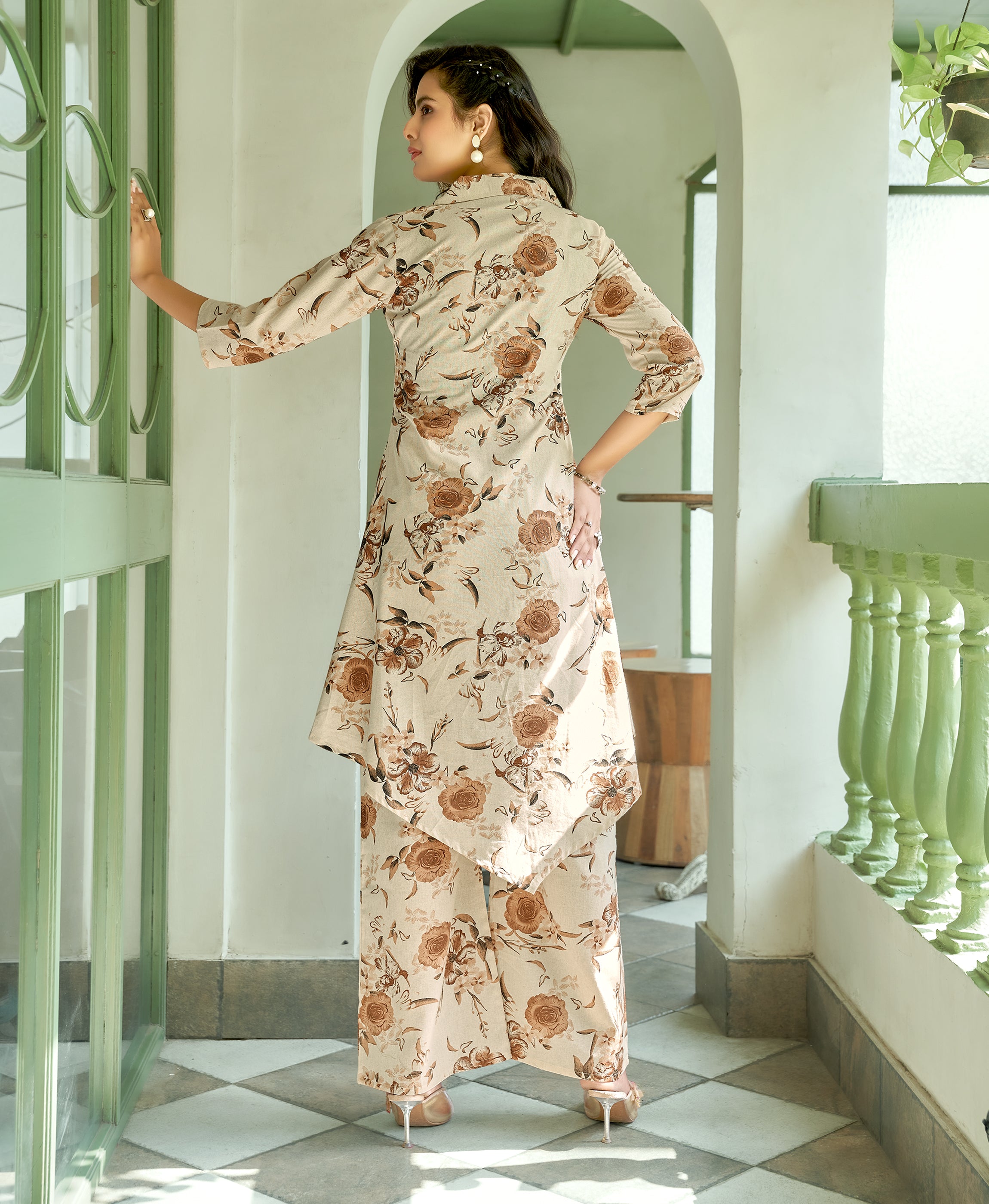 Her Couture Women's Brown Khadi Cotton Floral Printed Party Co-ord Set