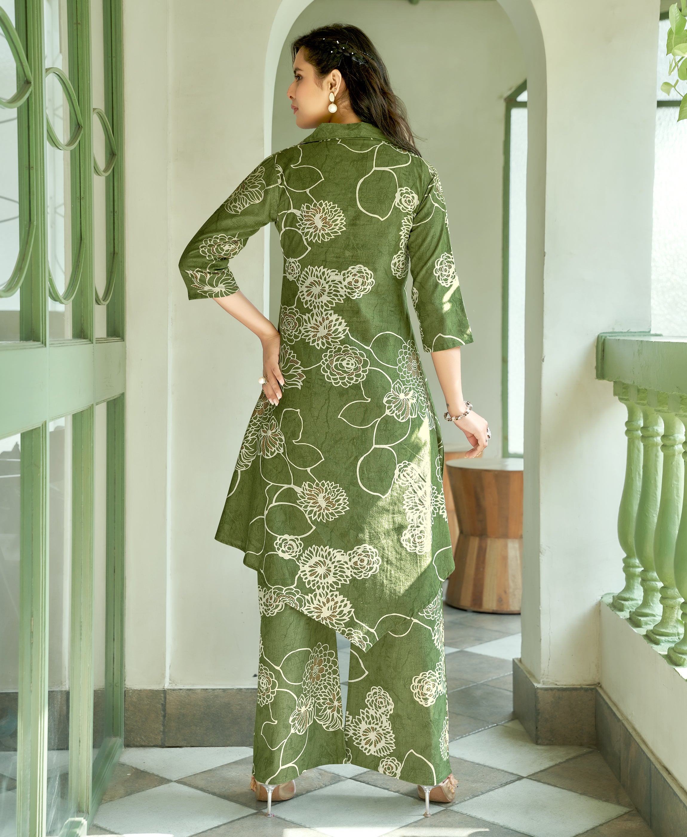 Her Couture Women's Green Khadi Cotton Floral Printed Party Co-ord Set