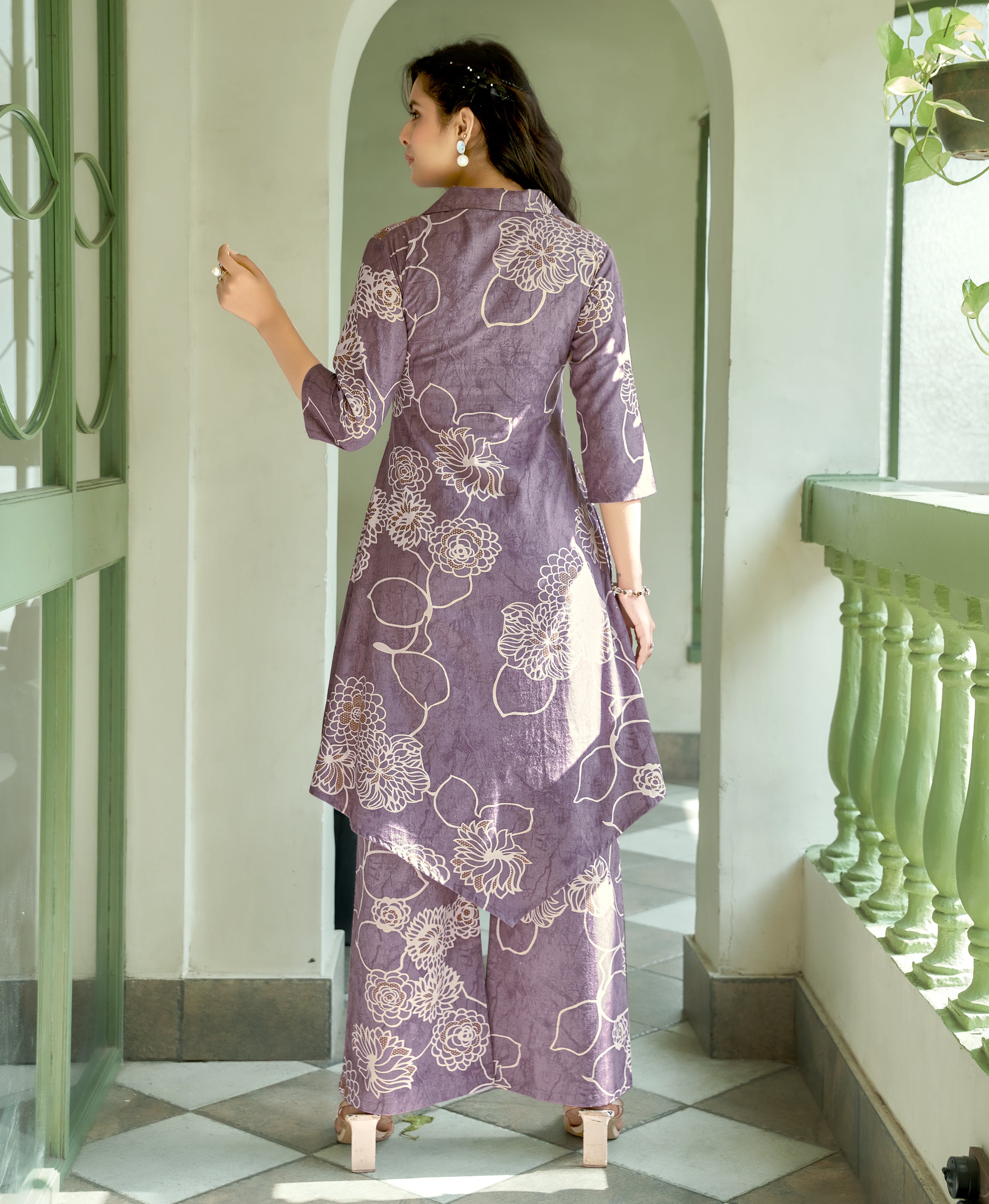 Her Couture Women's Lavender Khadi Cotton Floral Printed Party Co-ord Set