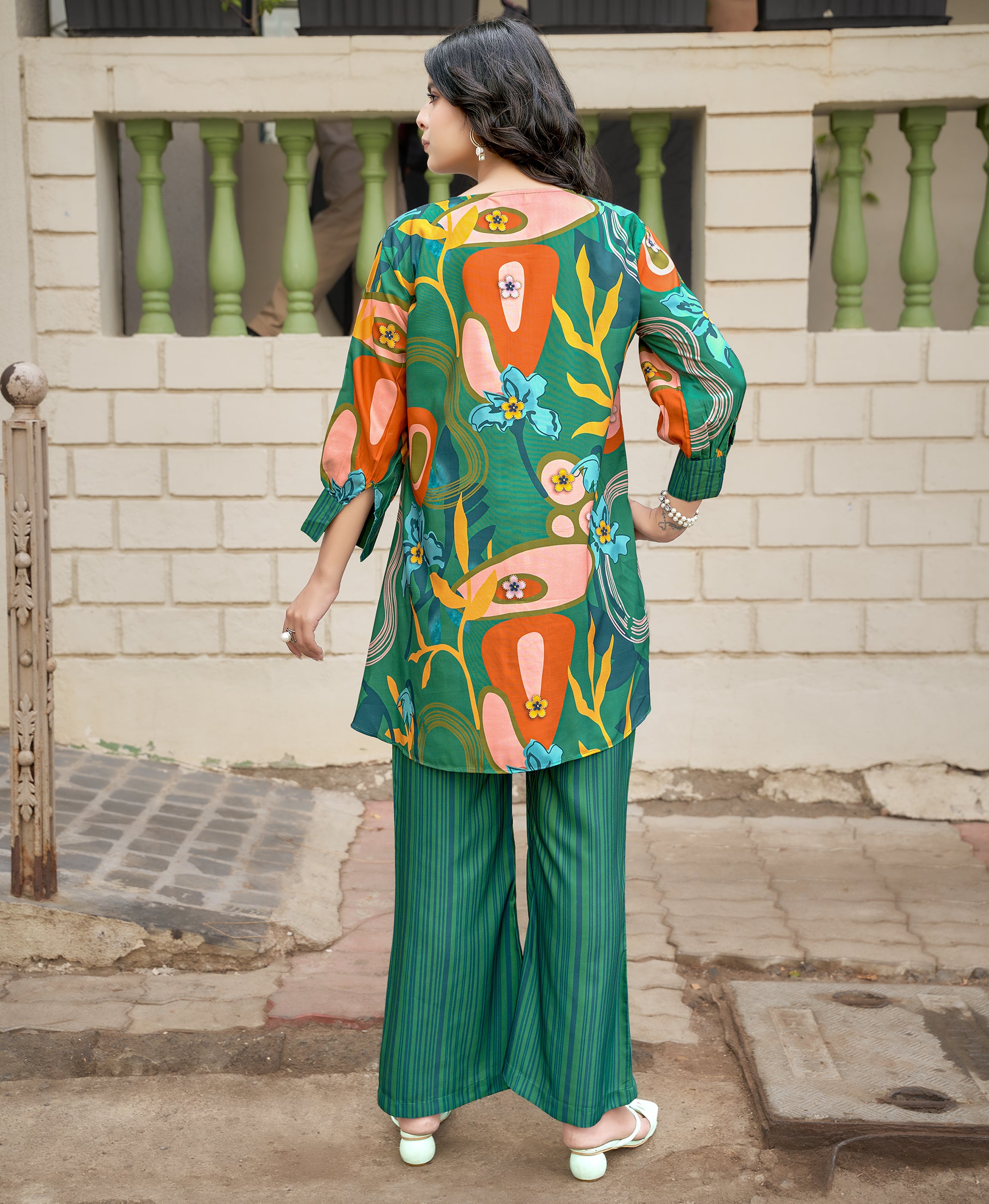 Her Couture Women's Multicolor Rayon Geometric Party Co-ord Set