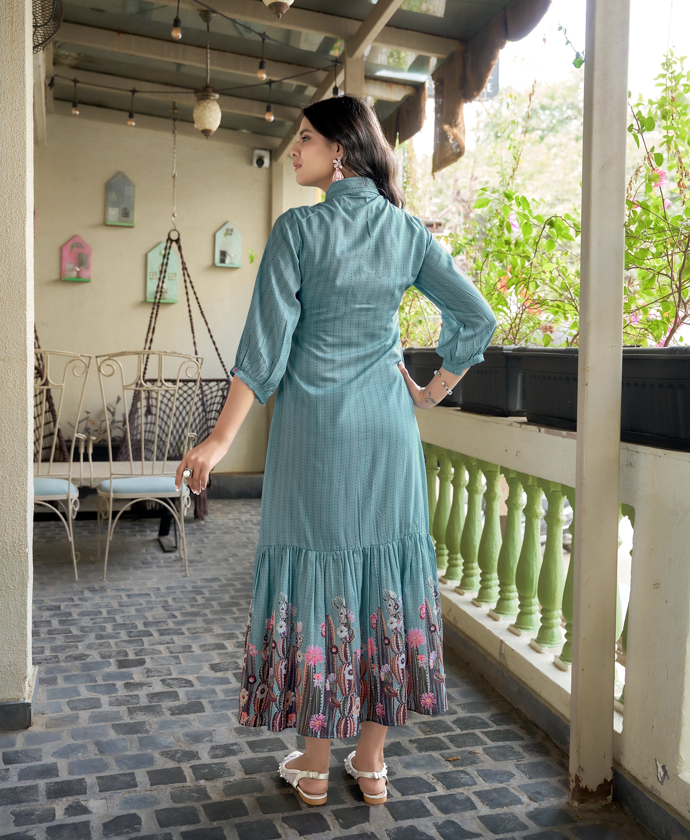 Her Couture Women's Blue Muslin Stripes Printed Flared Dress With Gathered or Pleated
