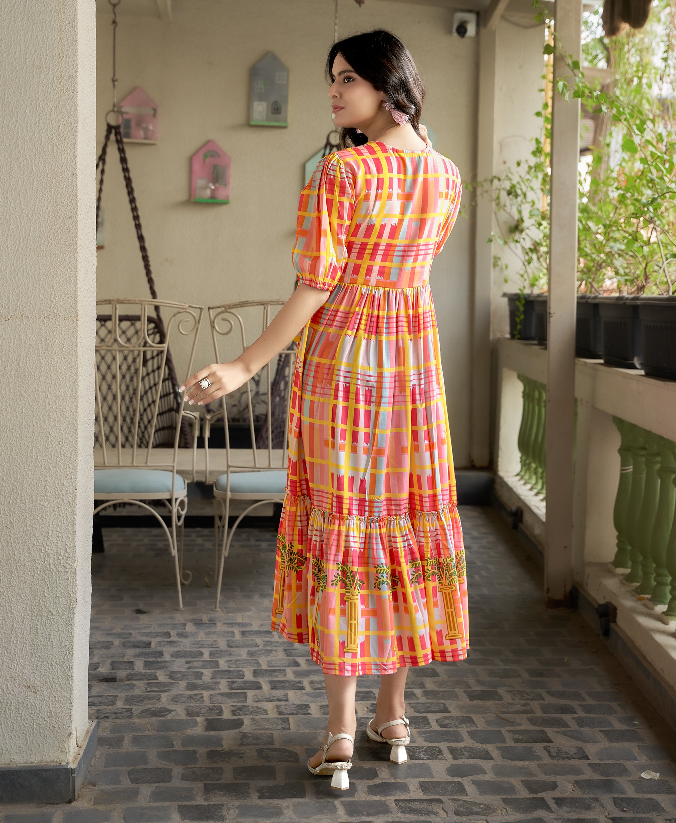 Her Couture Women's Multicolor Rayon Geometric Printed Flared Dress With Belt