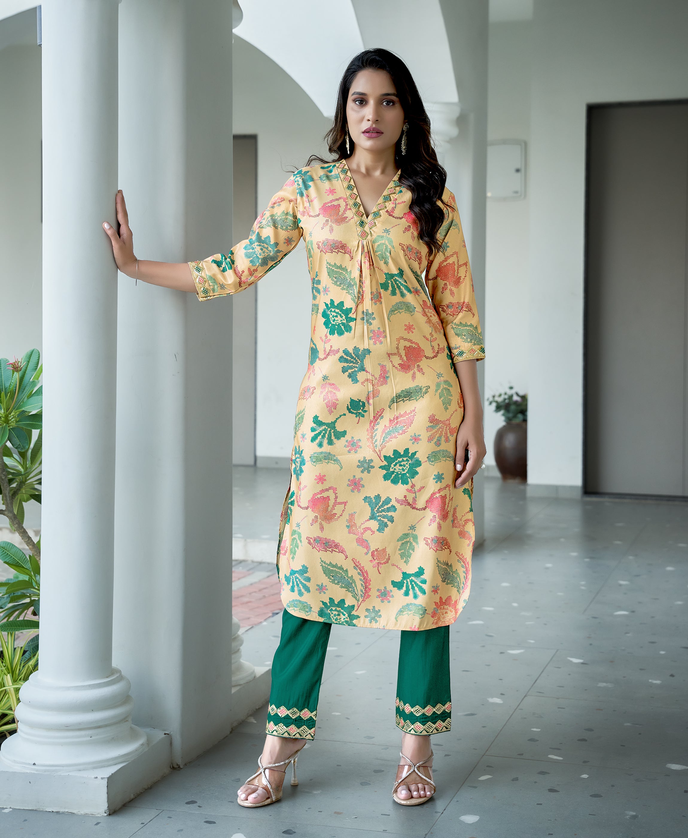 Cream Shimmer Silk Straight Festive & Party Kurta Set by Her Couture