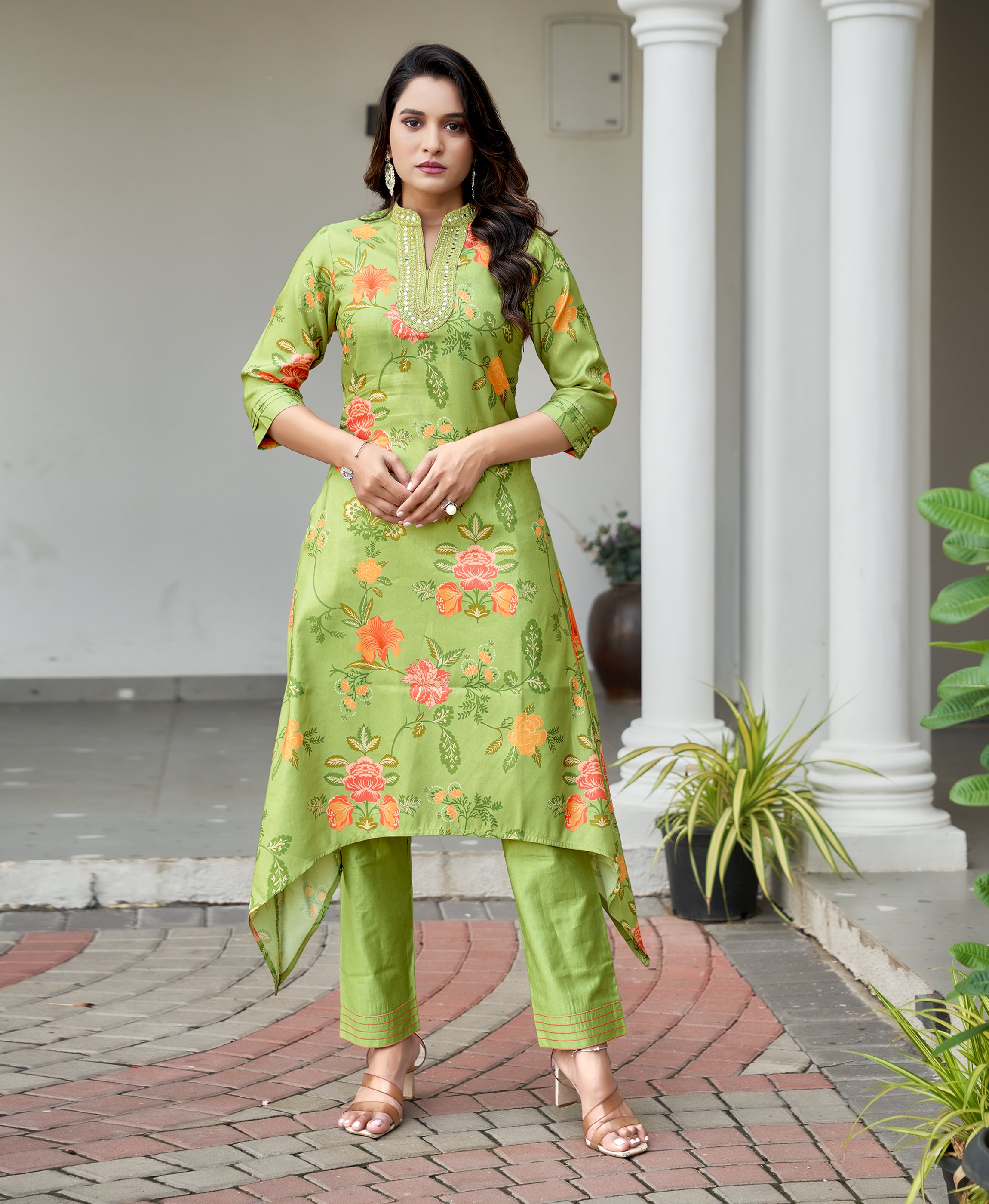 Green Shimmer Silk Asymmetric Festive & Party Kurta Set by Her Couture