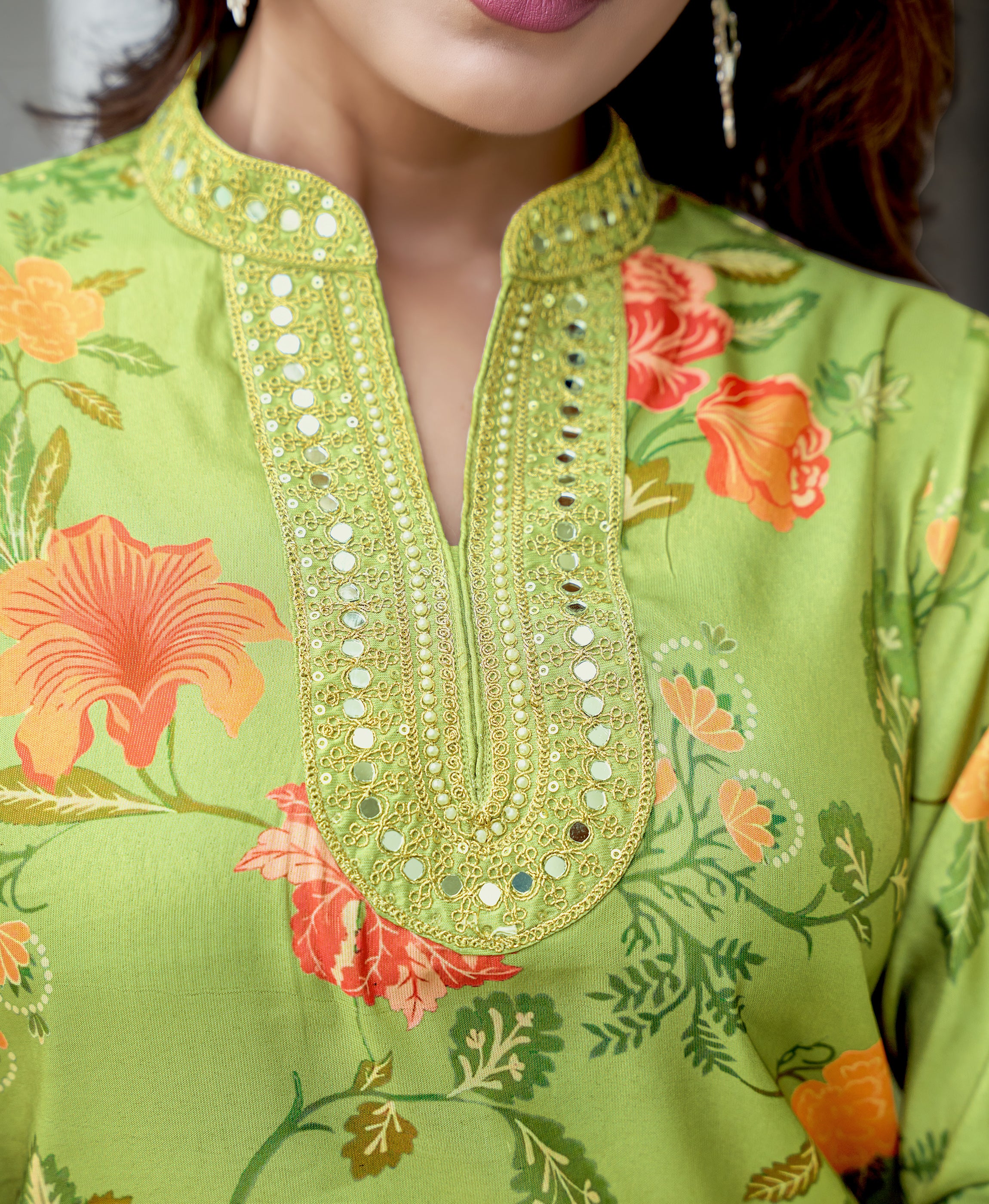 Her Couture Women's Green Shimmer Silk Floral Printed Embroidered Asymmetric Kurta With Pant
