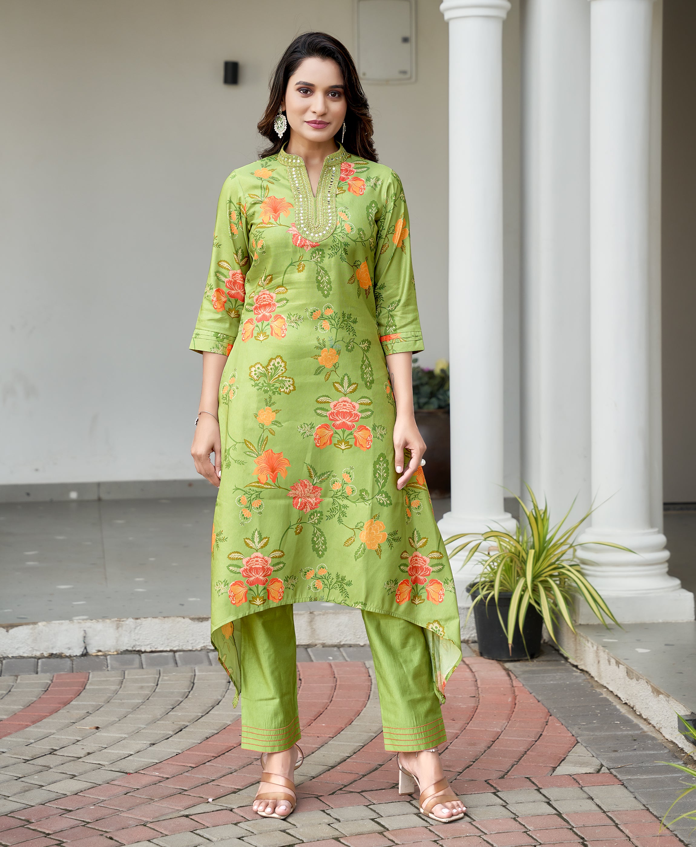 Her Couture Women's Green Shimmer Silk Floral Printed Embroidered Asymmetric Kurta With Pant