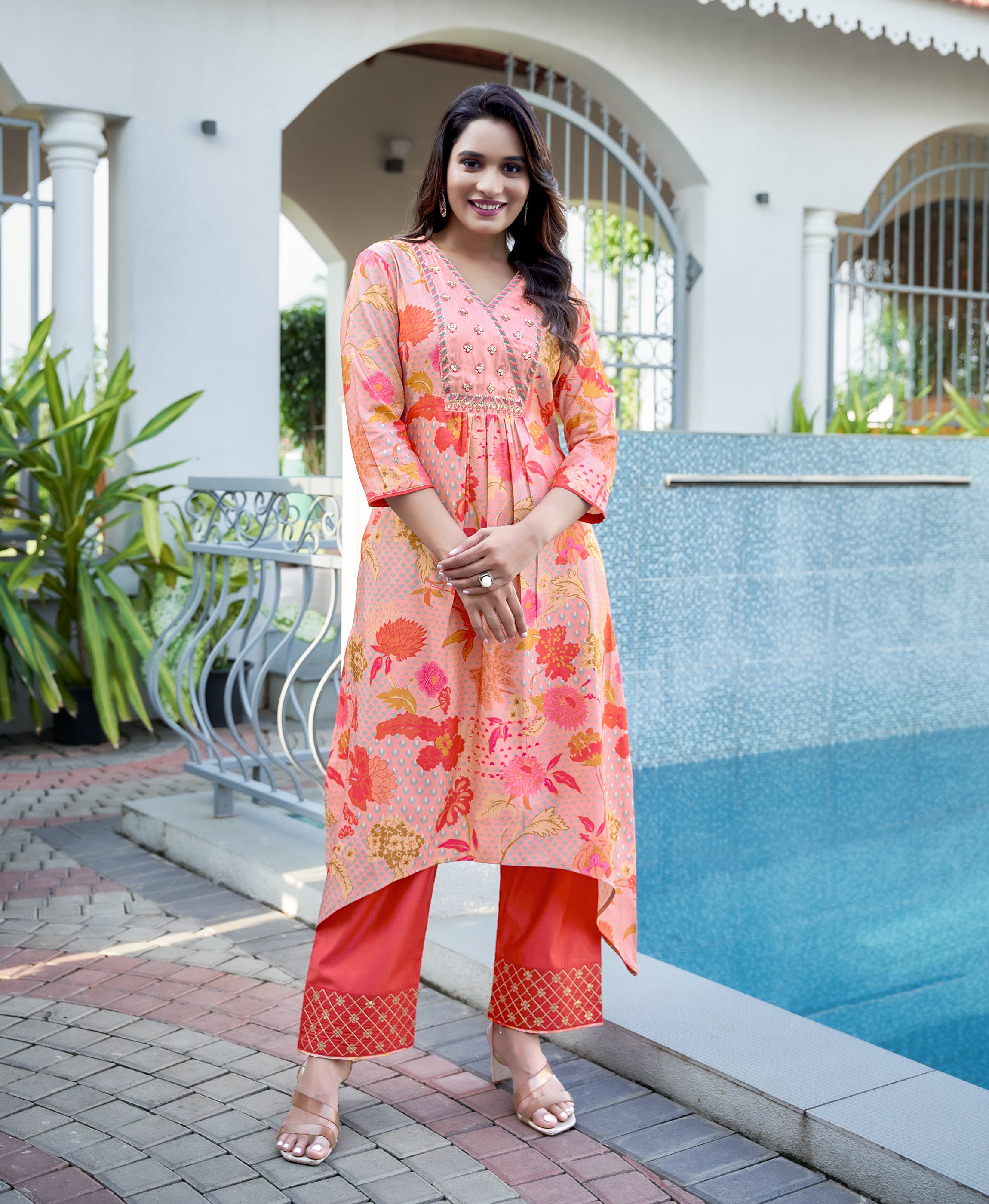 Multicolor Shimmer Silk Asymmetric Festive & Party Kurta Set by Her Couture