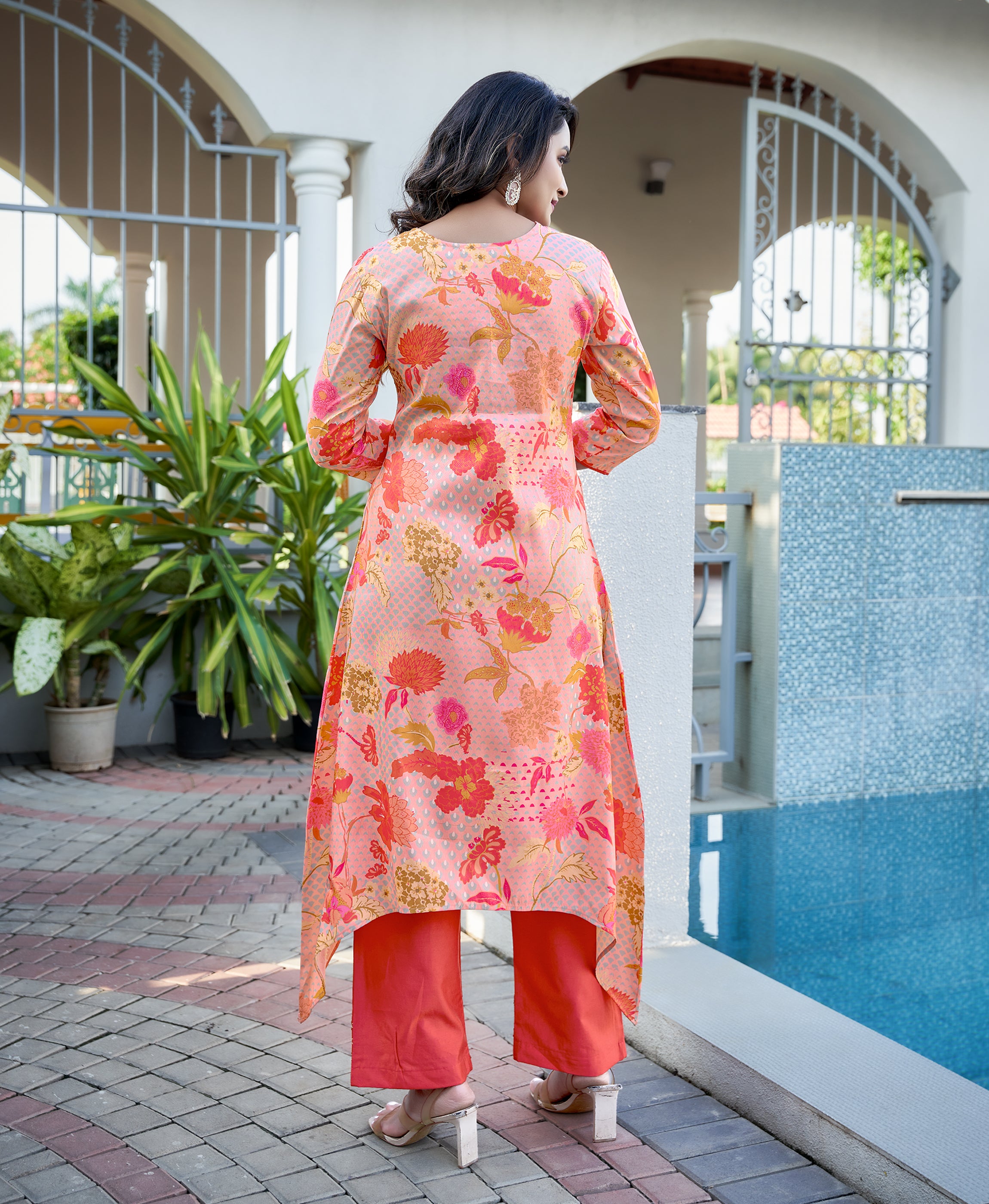 Her Couture Women's Multicolor Shimmer Silk Floral Printed Embroidered Asymmetric Kurta With Pant
