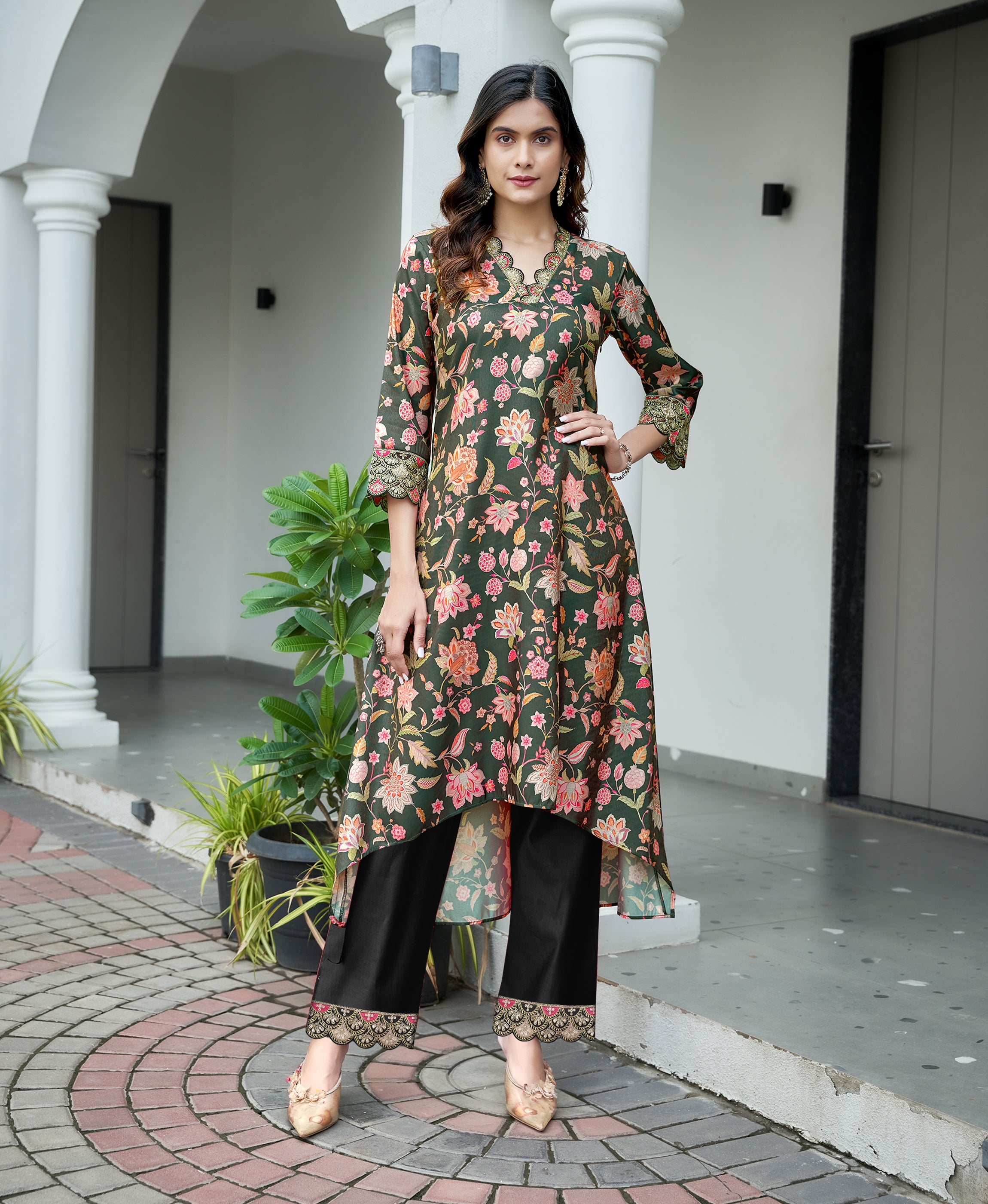 Black Shimmer Silk Asymmetric Festive & Party Kurta Set by Her Couture