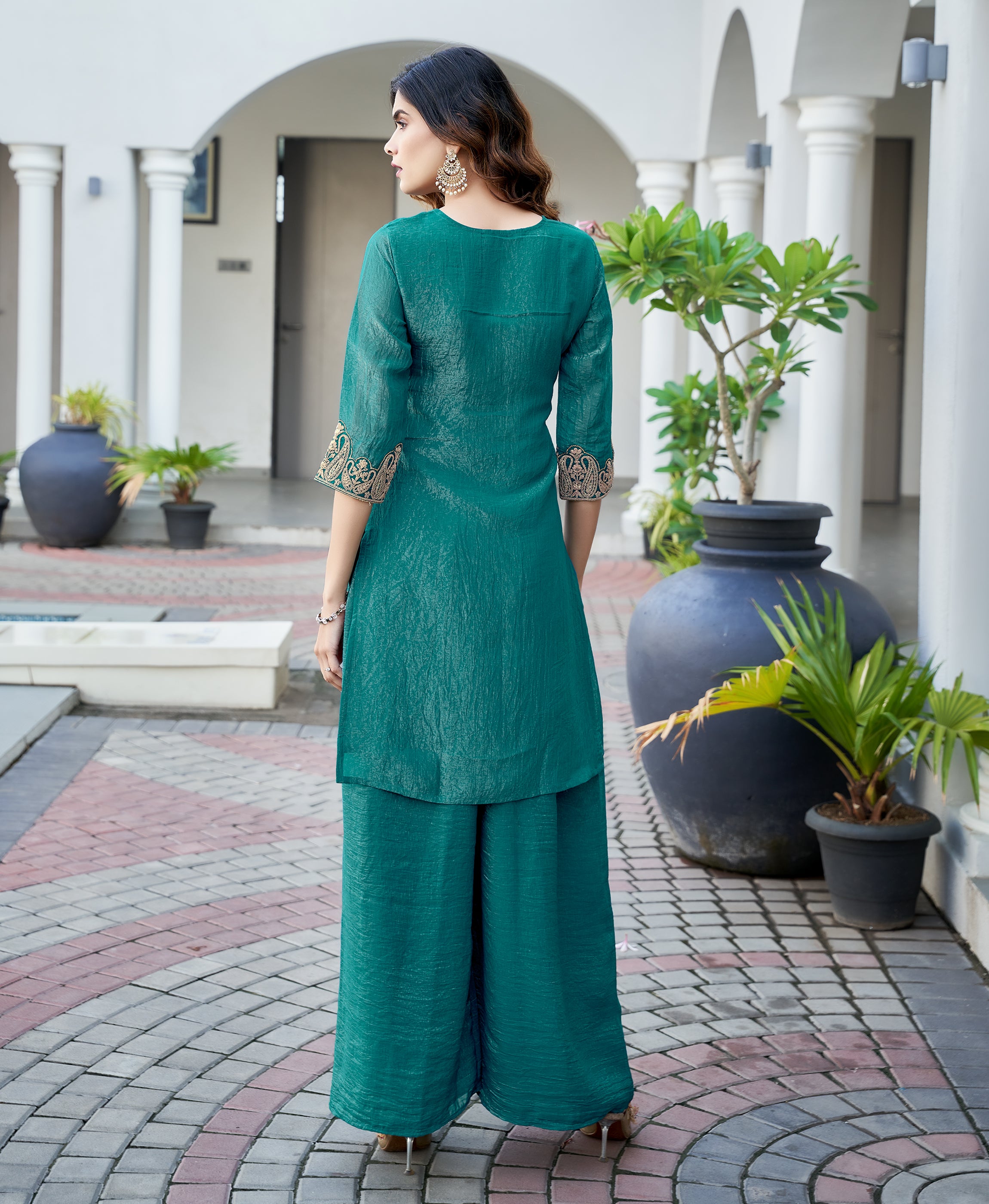 Her Couture Women's Teal Green Crunchy Shimmer Organza Floral Embroidered Festive & Party Co-ord Set