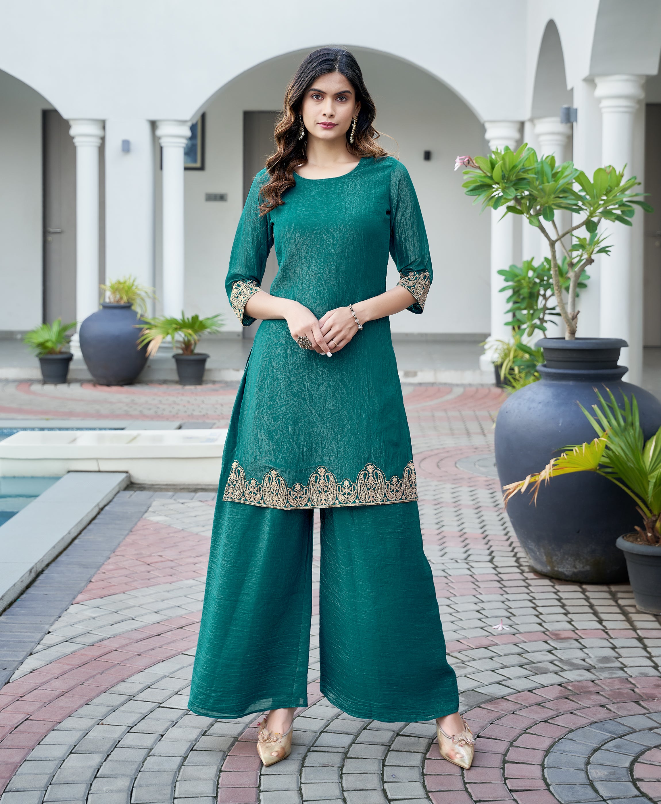 Teal Green Crunchy Shimmer Organza Festive & Party Co-ord Set By Her Couture