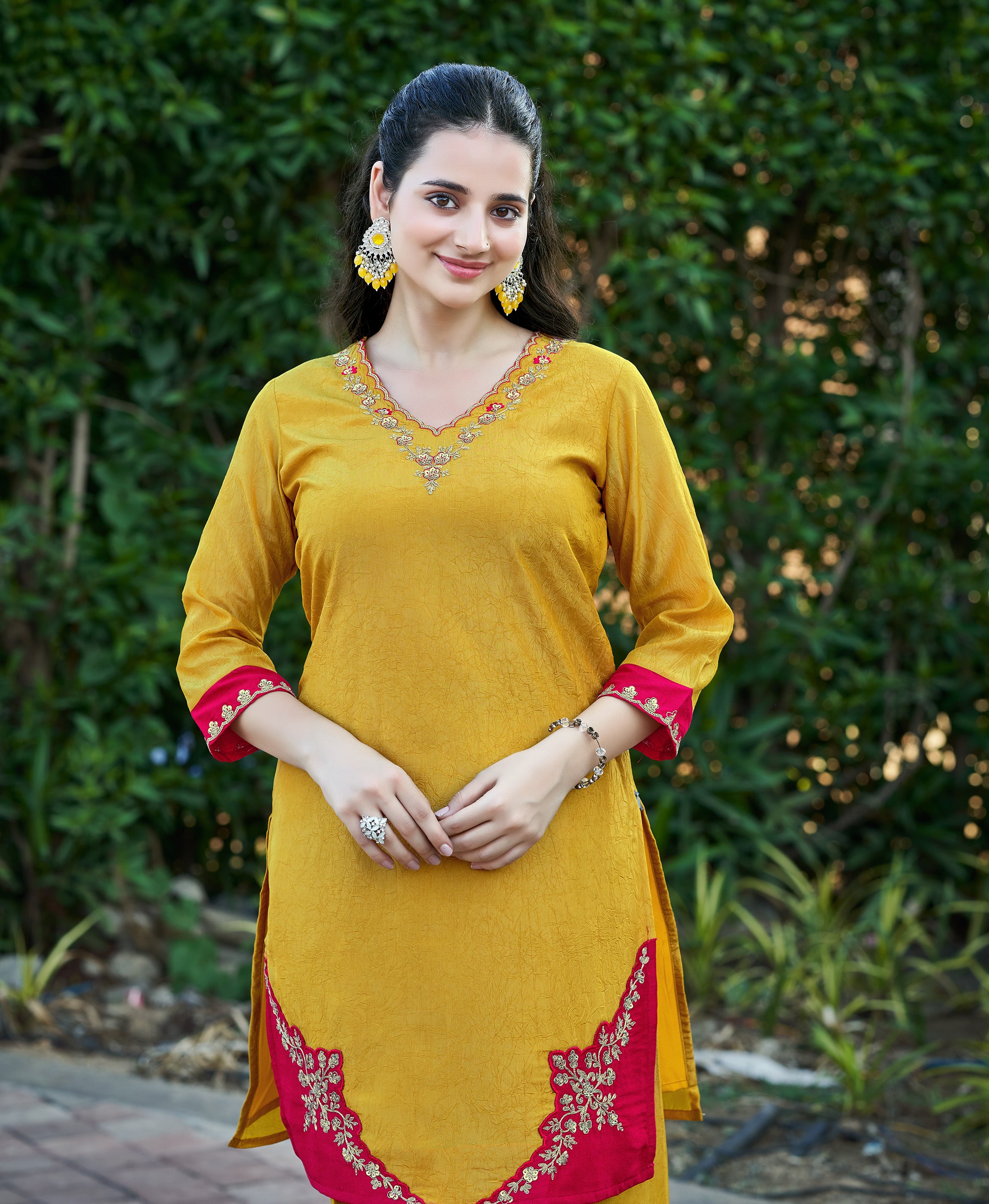 Her Couture Women's Yellow Viscose Spider Floral Embroidered Festive & Party Co-ord Set