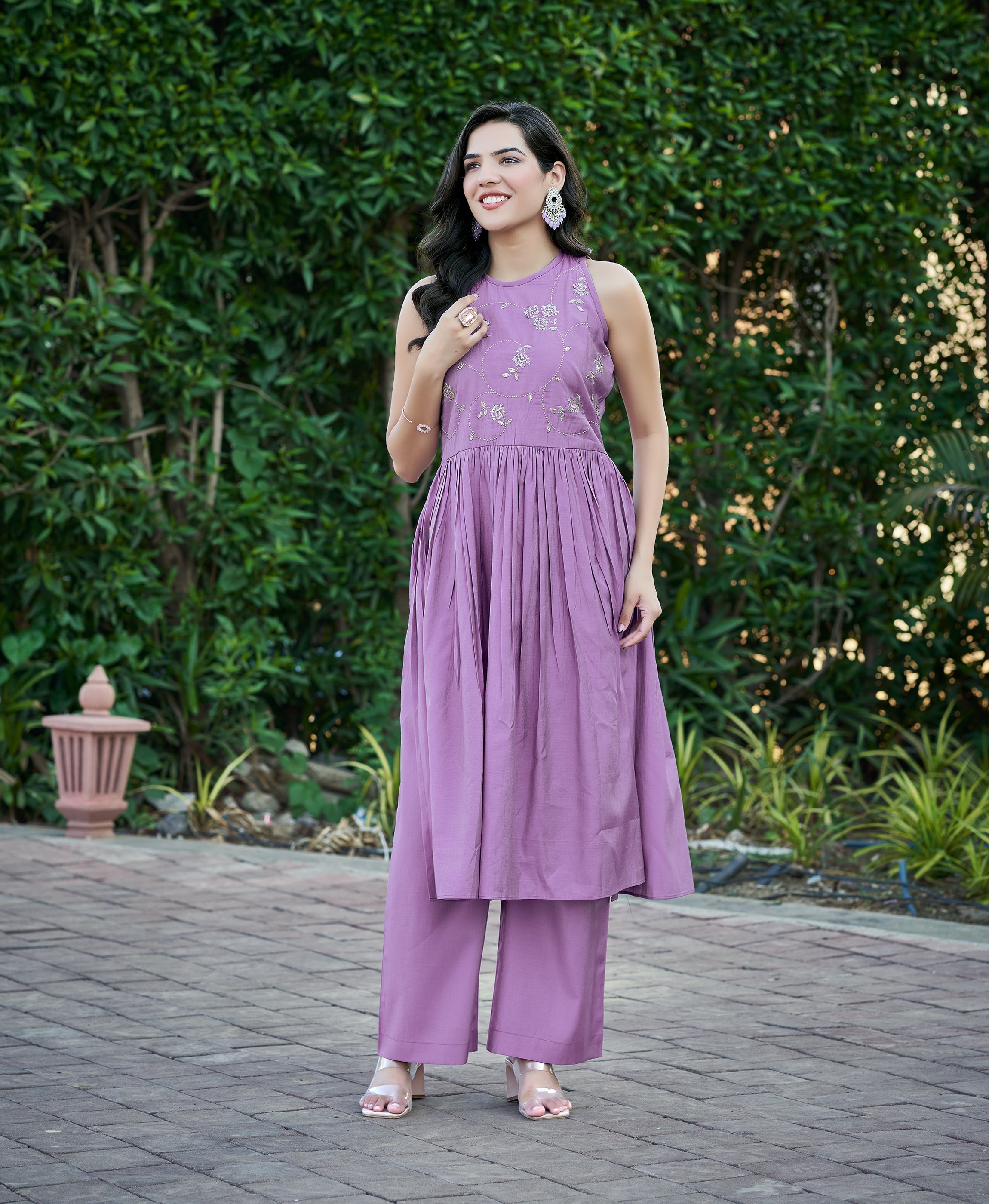Lavender Viscose Shimmer Nyra-cut Festive & Party Kurta Set by Her Couture