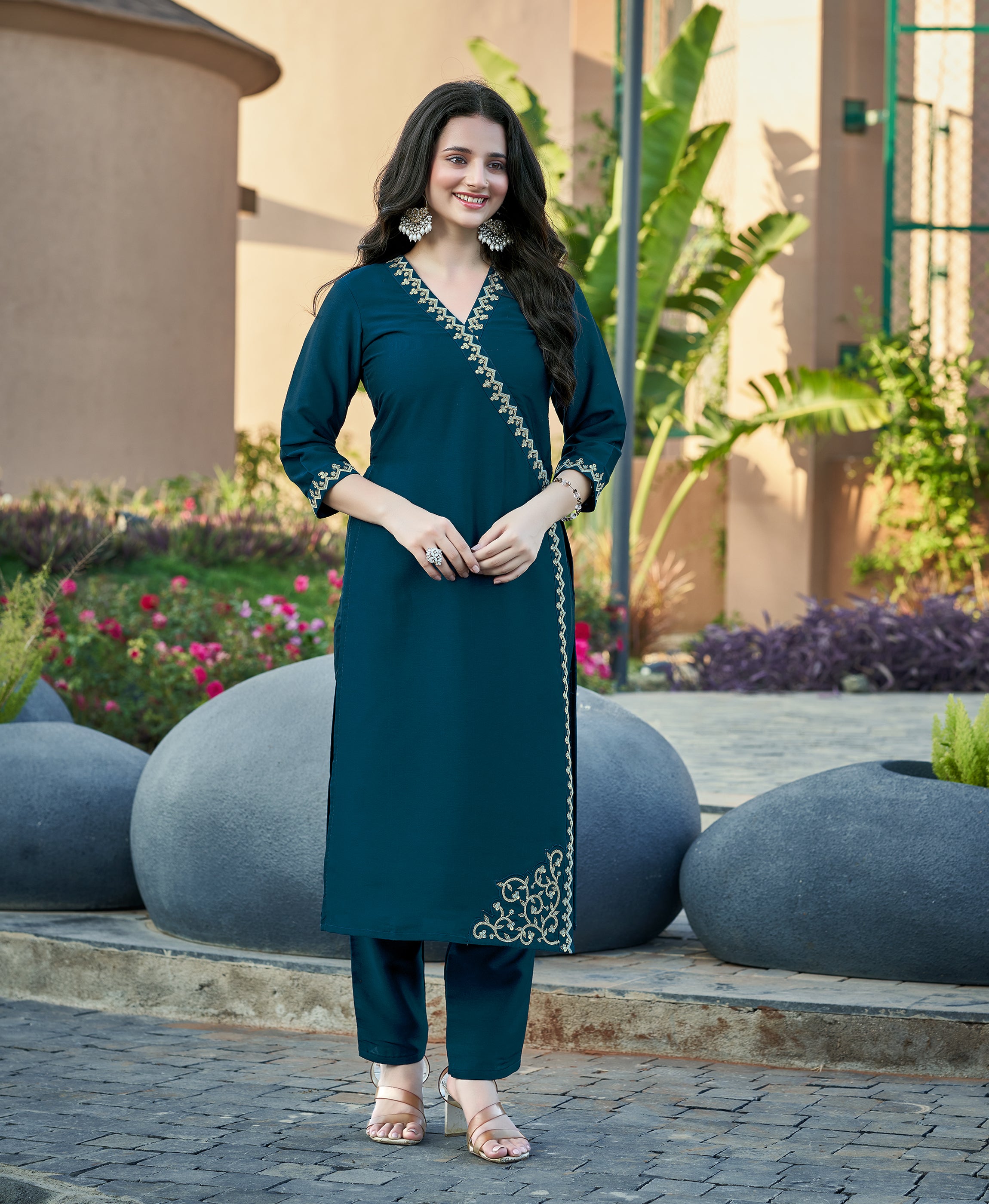 Dark Blue Viscose Crystal Straight Festive & Party Kurta Set by Her Couture