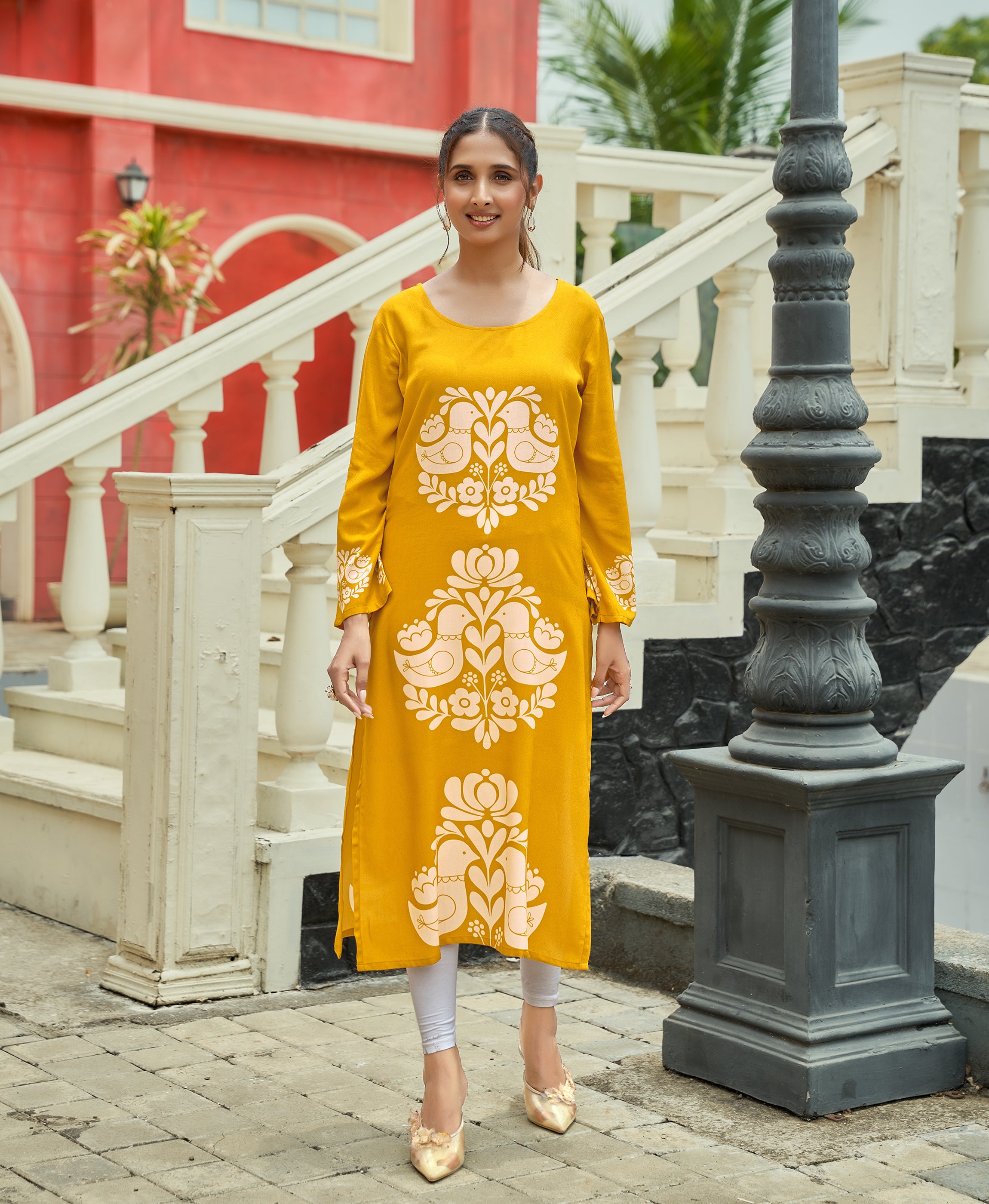 Yellow Viscose Rayon Floral Printed Casual Kurta by Her Couture