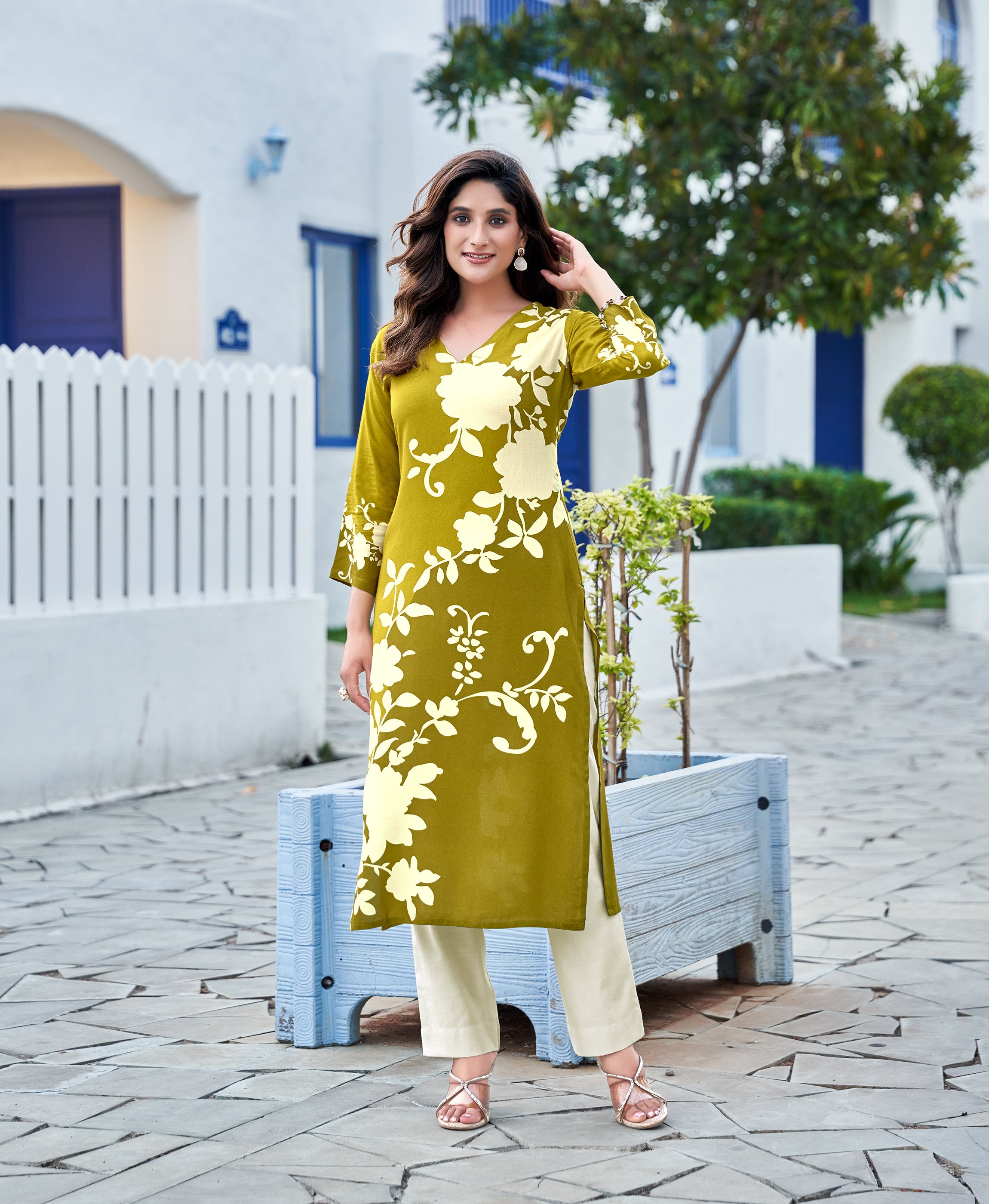 Olive Green Viscose Rayon Floral Printed Casual Kurta by Her Couture