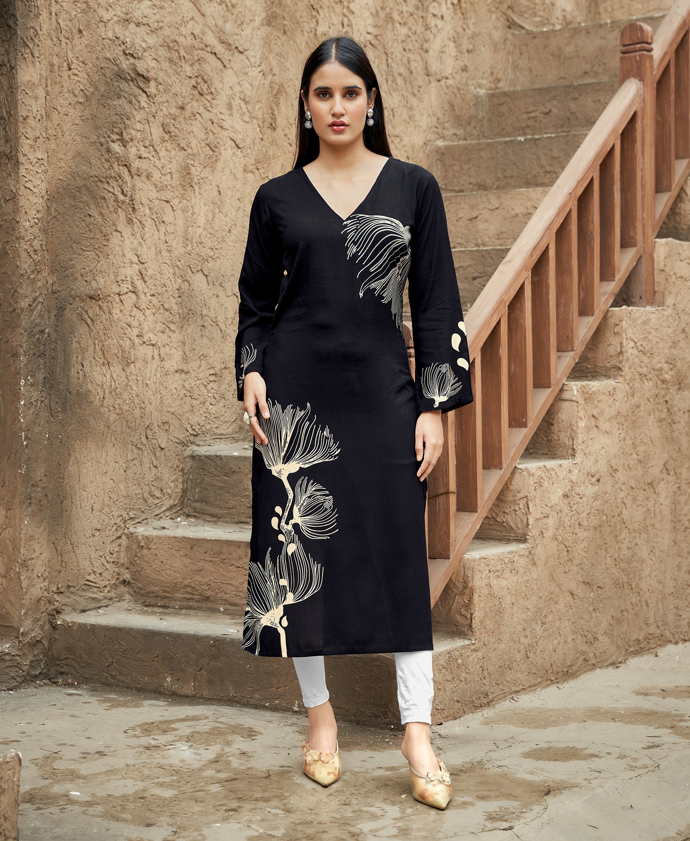 Black Viscose Rayon Floral Printed Casual Kurta by Her Couture