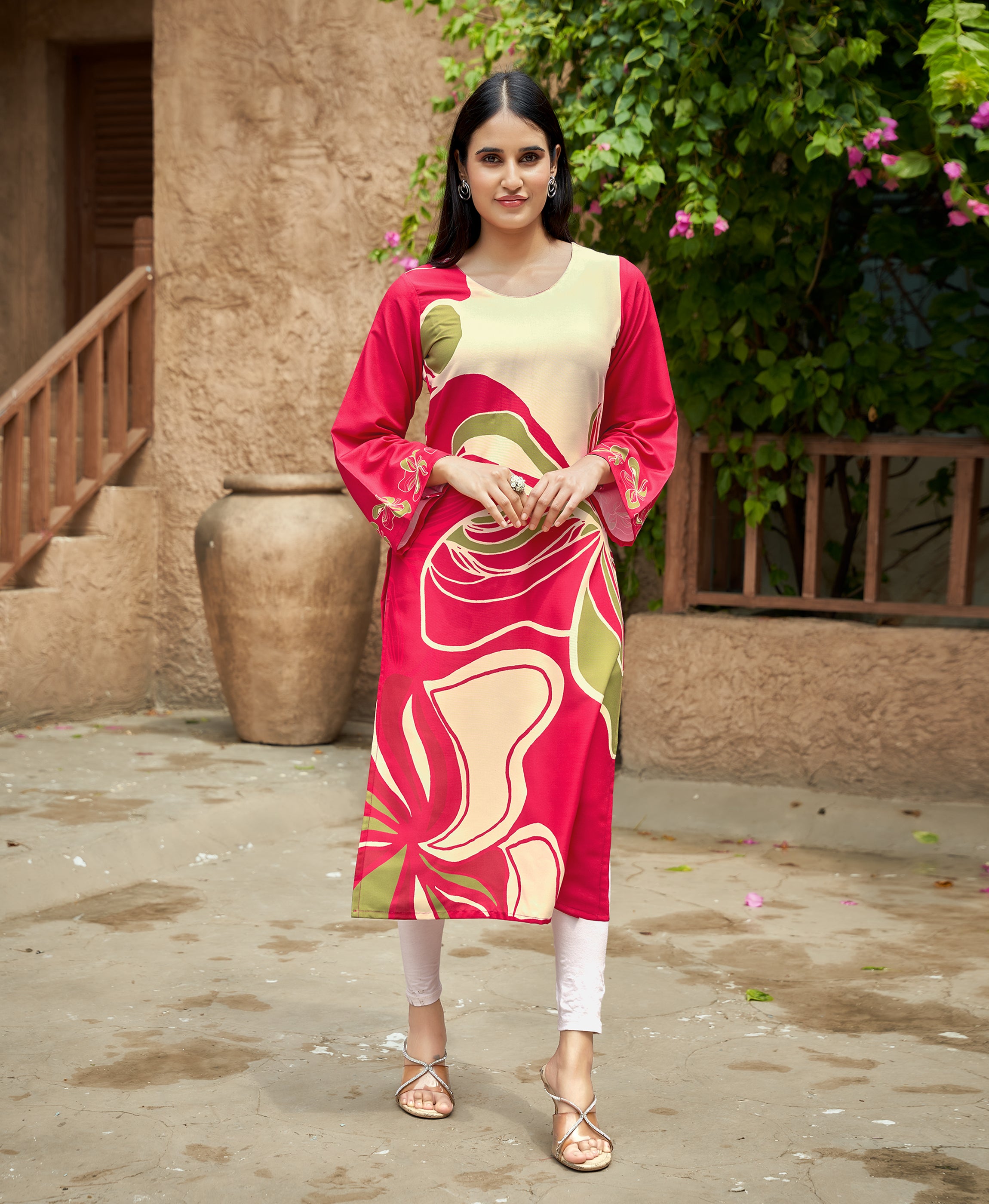 Red Viscose Rayon Geometric Printed Casual Kurta by Her Couture