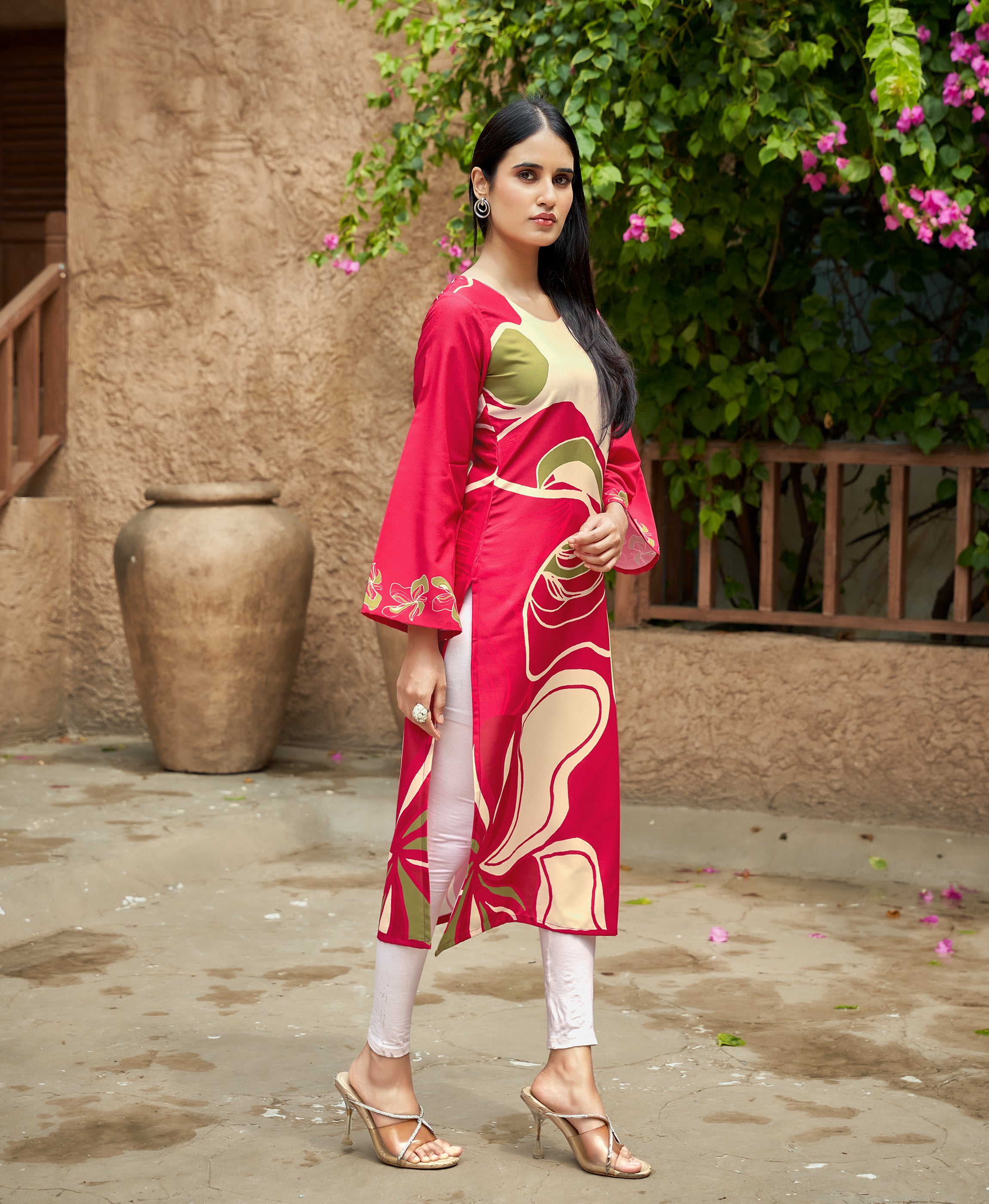 Her Couture Women's Red Viscose Rayon Geometric Printed Straight Kurta