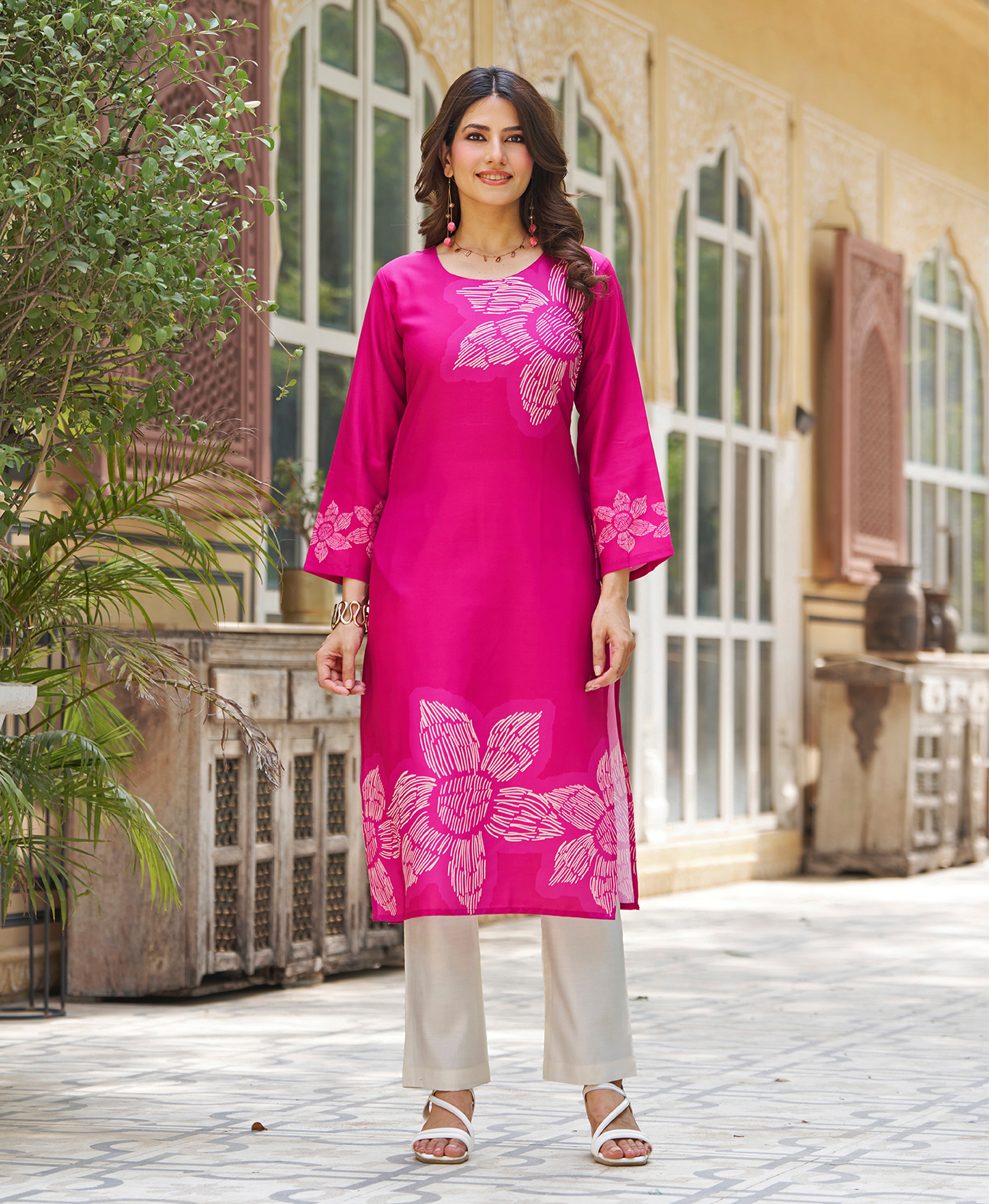Magenta Pink Viscose Rayon Botanical Printed Casual Kurta by Her Couture