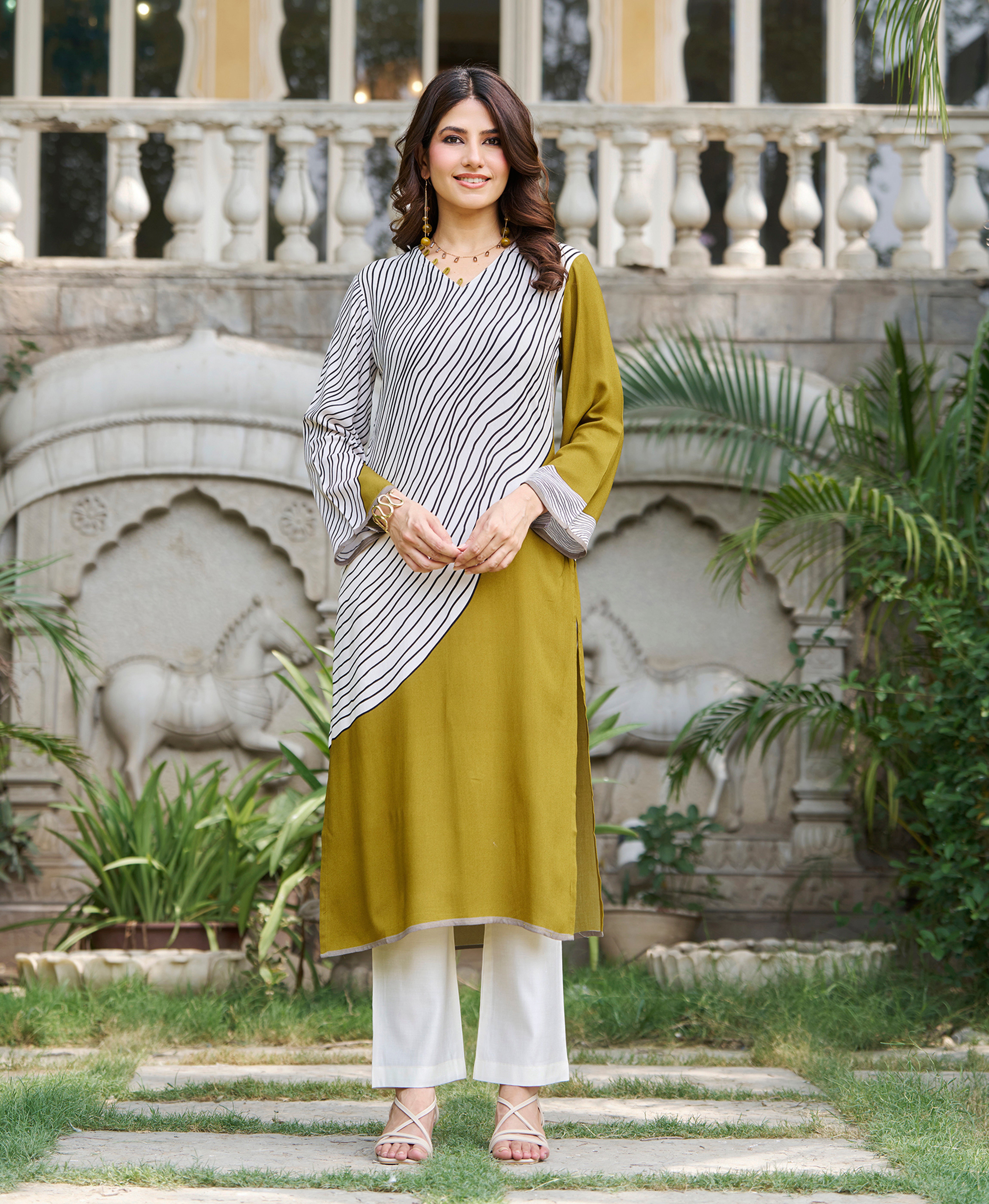 Mustard Viscose Rayon Stripes Printed Casual Kurta by Her Couture