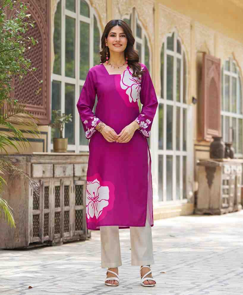 Her Couture Women's Purple Viscose Rayon Floral Printed Straight Kurta