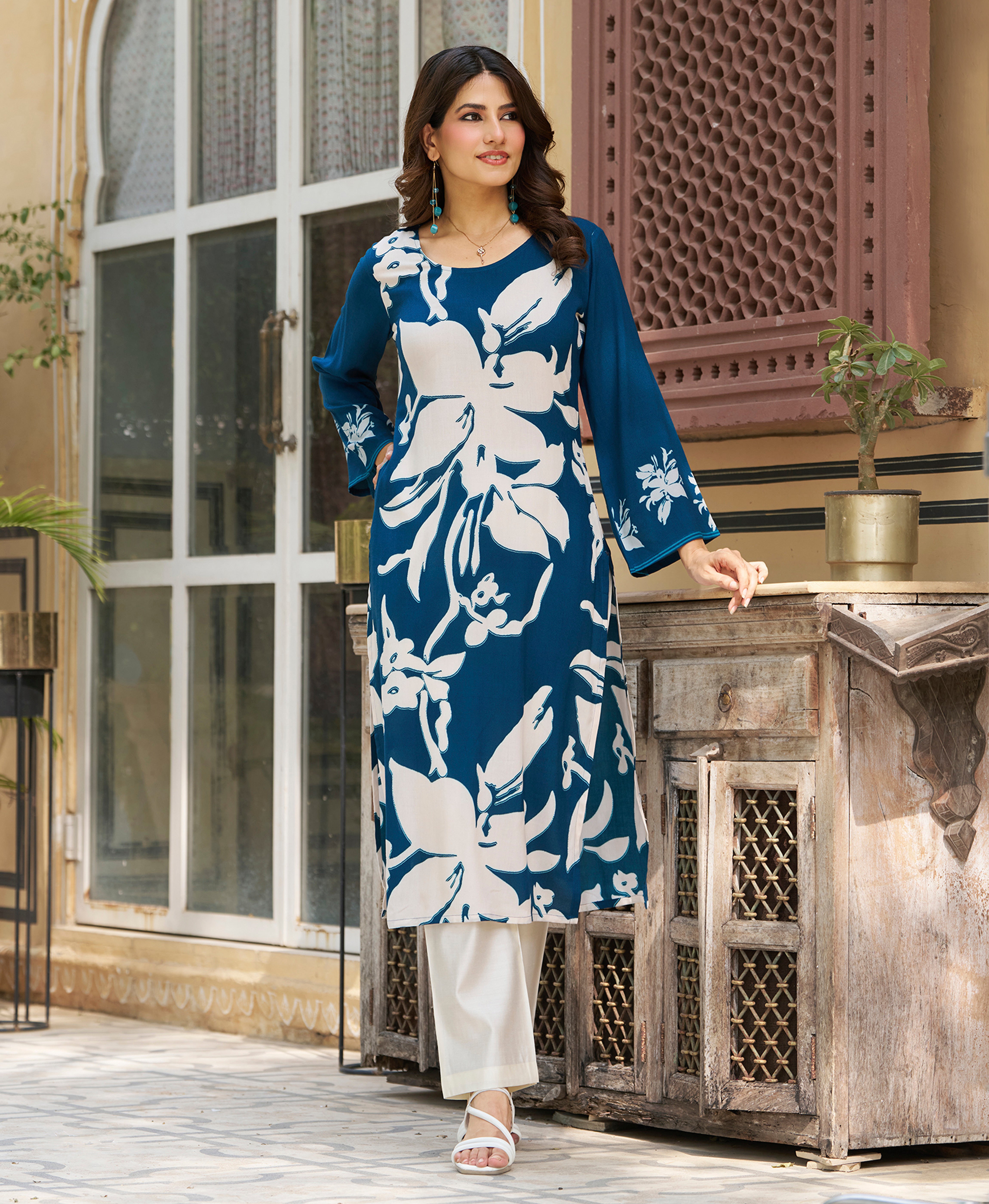 Teal Blue Viscose Rayon Floral Printed Casual Kurta by Her Couture