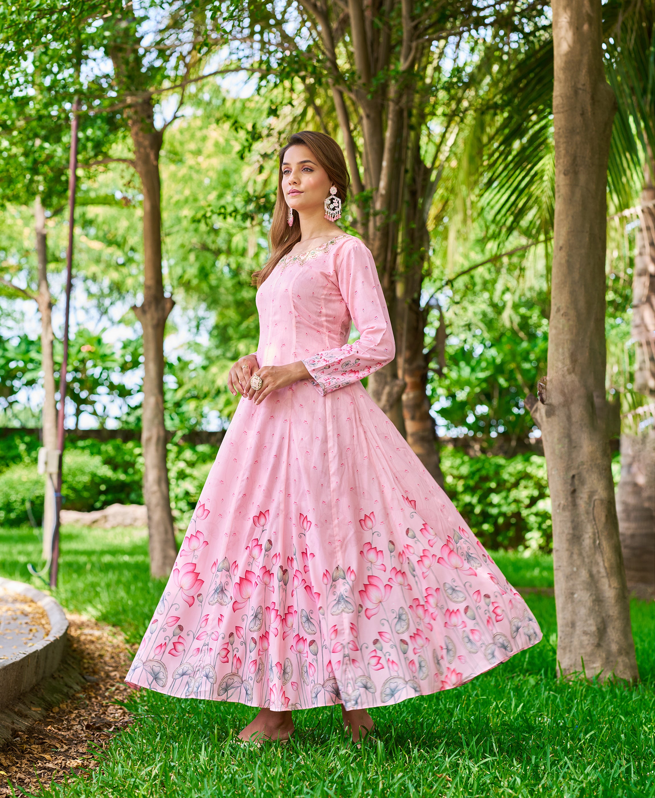 Her Couture Women's Pink Viscose Embroidered Floral Printed Nyra-cut Dress With Beads, Kantha Work Mirror Work and Sequins
