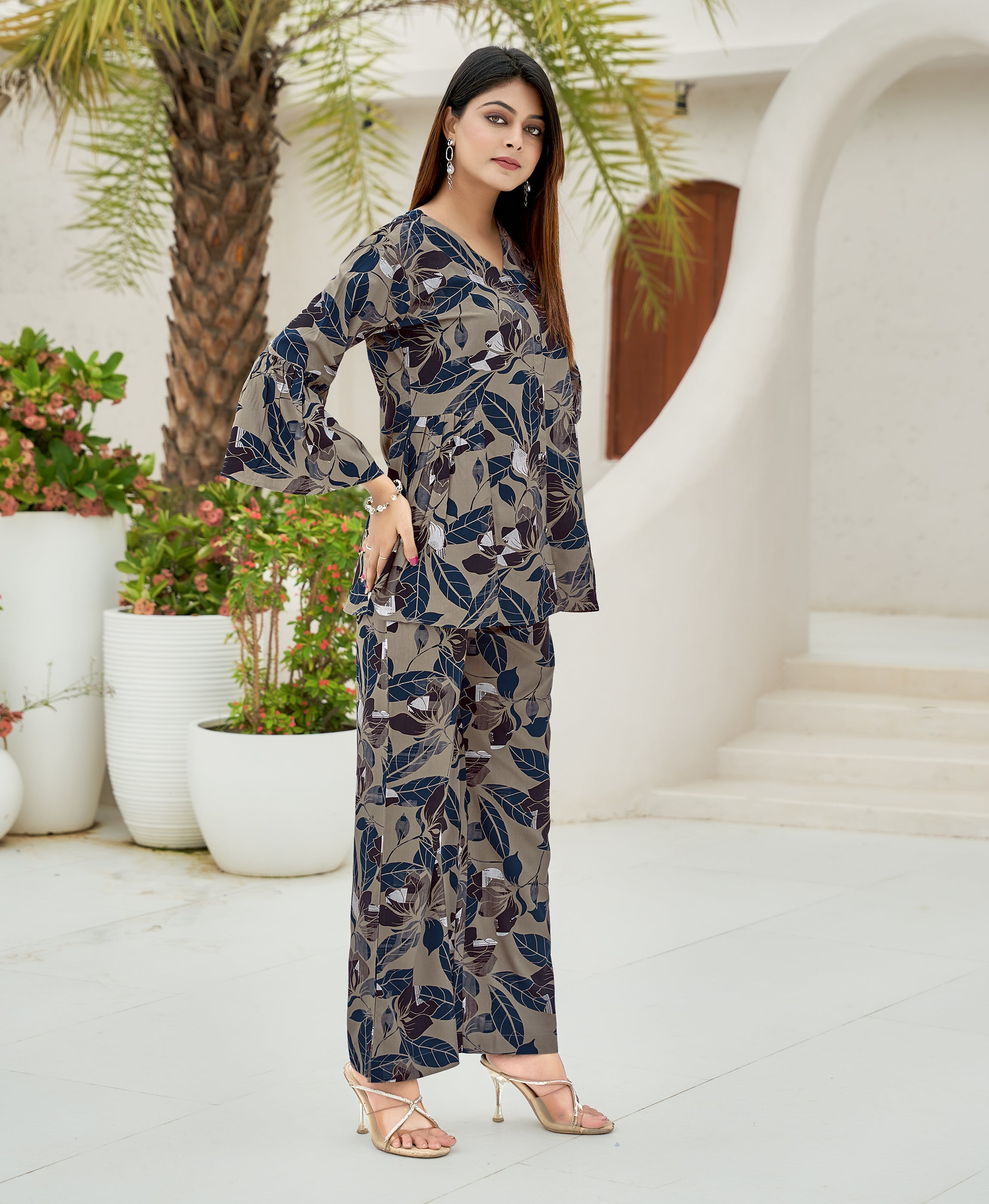 Her Couture Women's Brown Viscose Blend Floral Printed Festive & Party Co-ord Set