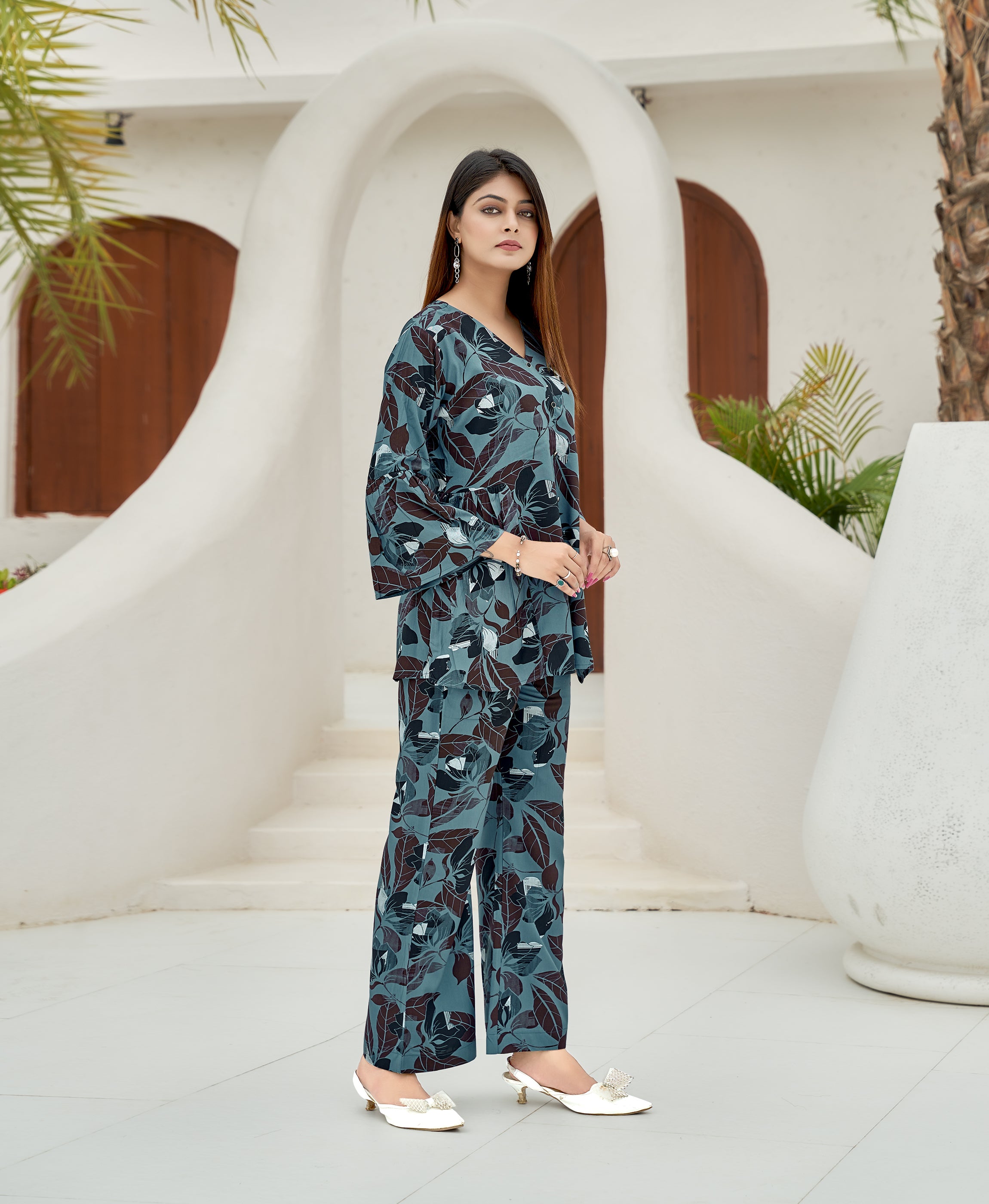 Her Couture Women's Blue Viscose Blend Floral Printed Festive & Party Co-ord Set