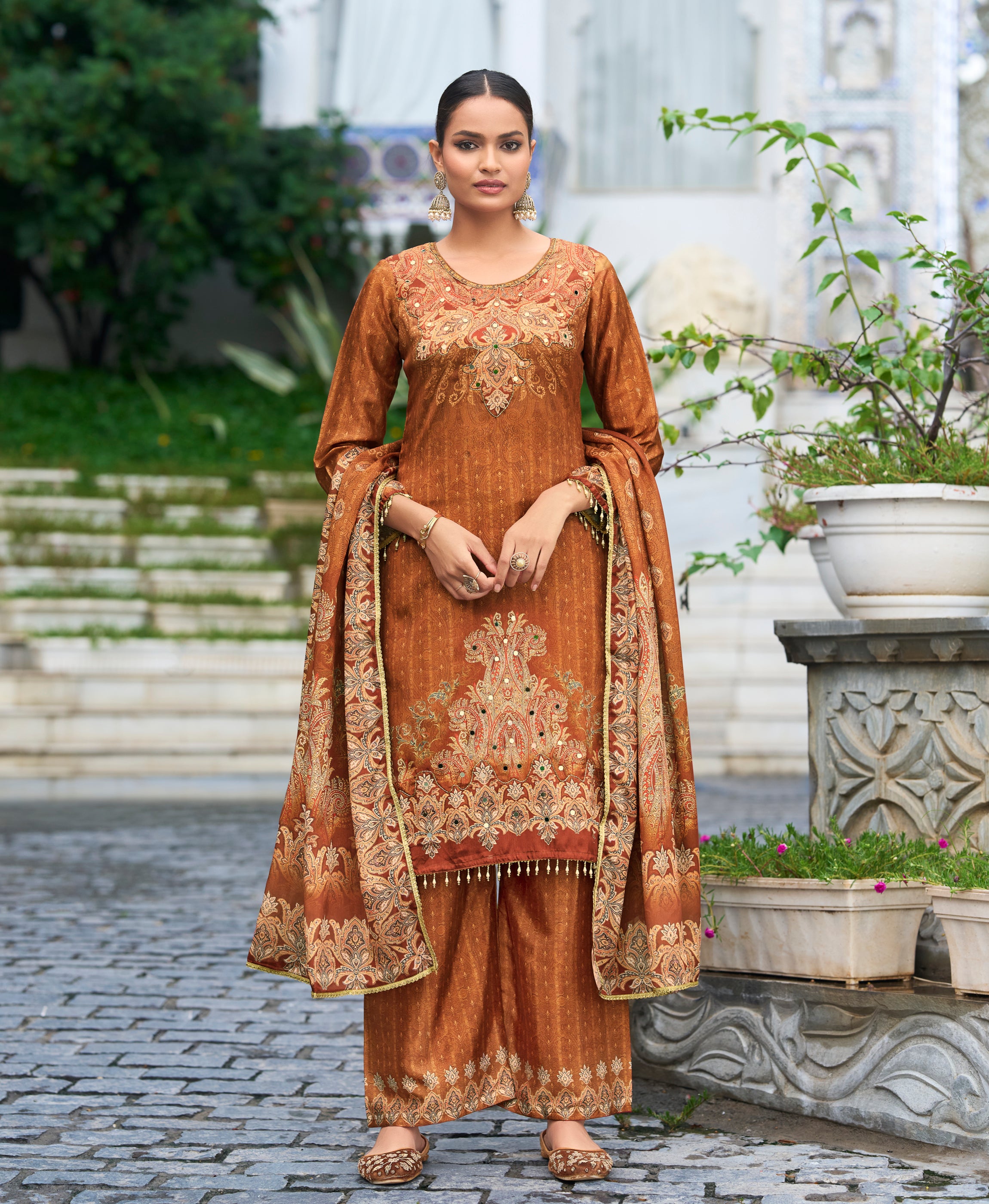 Rust Brown Chinon Chiffon Pakistani Style Festive & Party Kurta Set By Her Couture
