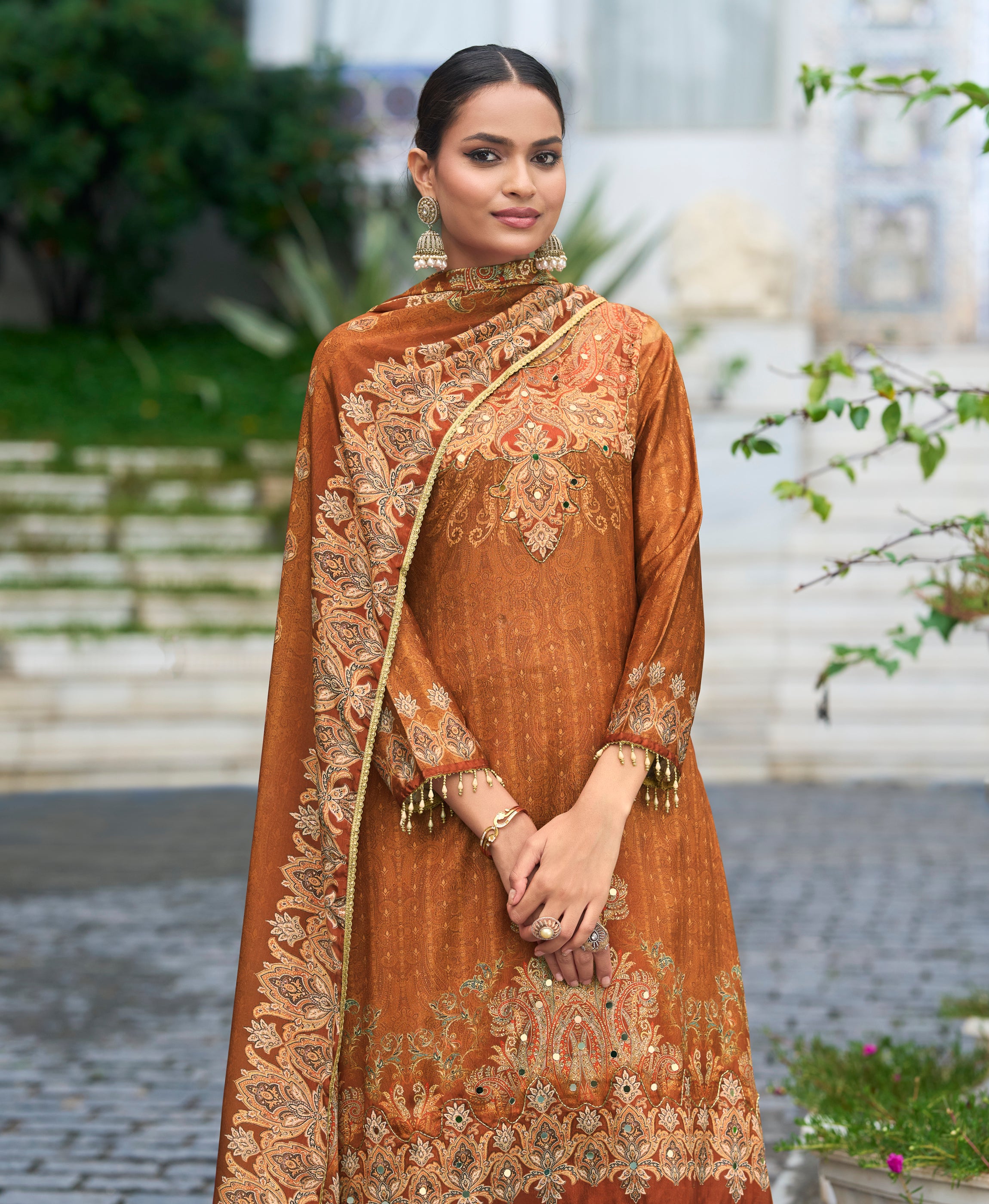 Her Couture Women's Rust Brown Chinon Chiffon Pakistani Printed Pakistani Style Kurta With Palazzo & Printed Dupatta
