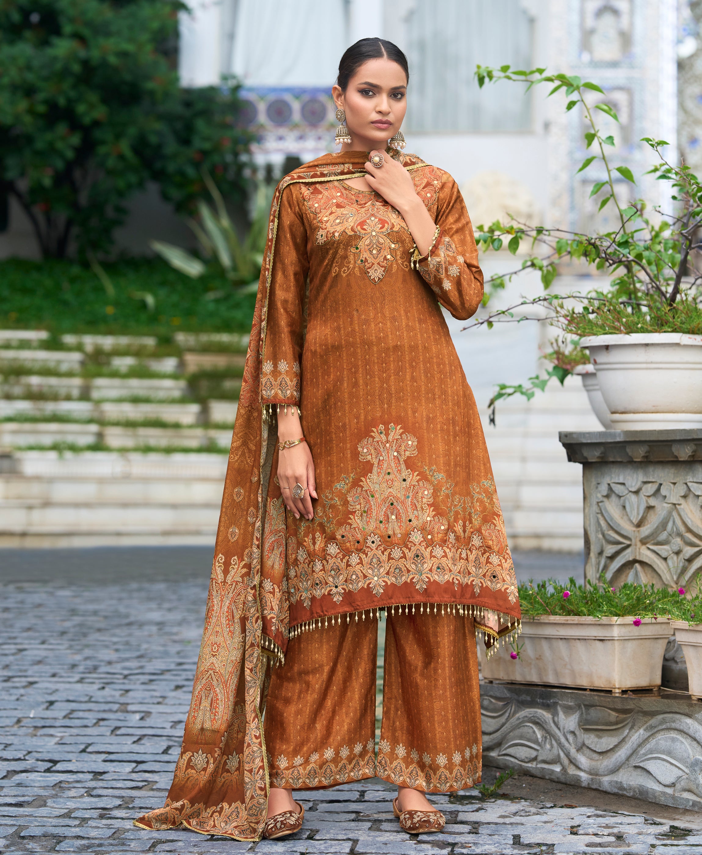 Her Couture Women's Rust Brown Chinon Chiffon Pakistani Printed Pakistani Style Kurta With Palazzo & Printed Dupatta