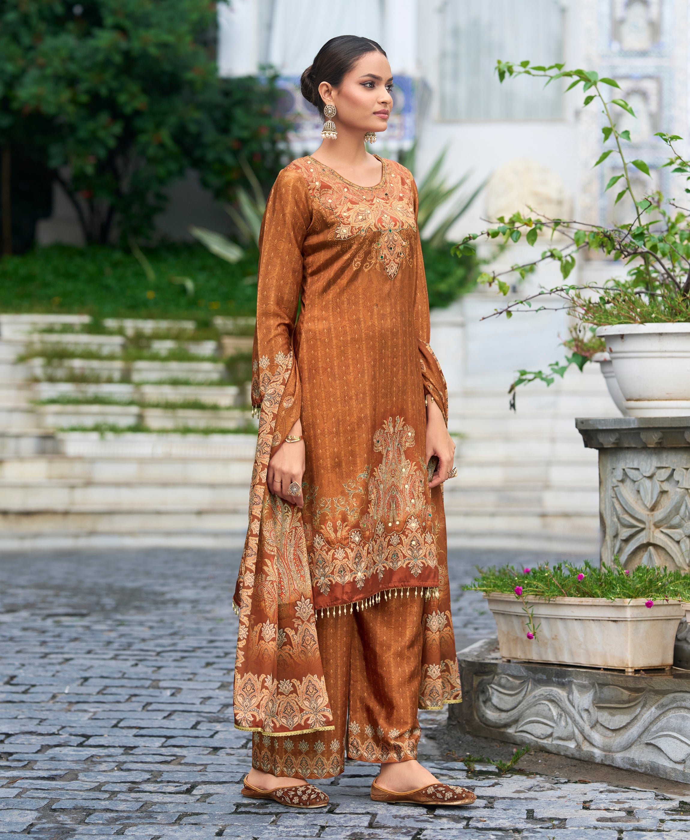 Her Couture Women's Rust Brown Chinon Chiffon Pakistani Printed Pakistani Style Kurta With Palazzo & Printed Dupatta