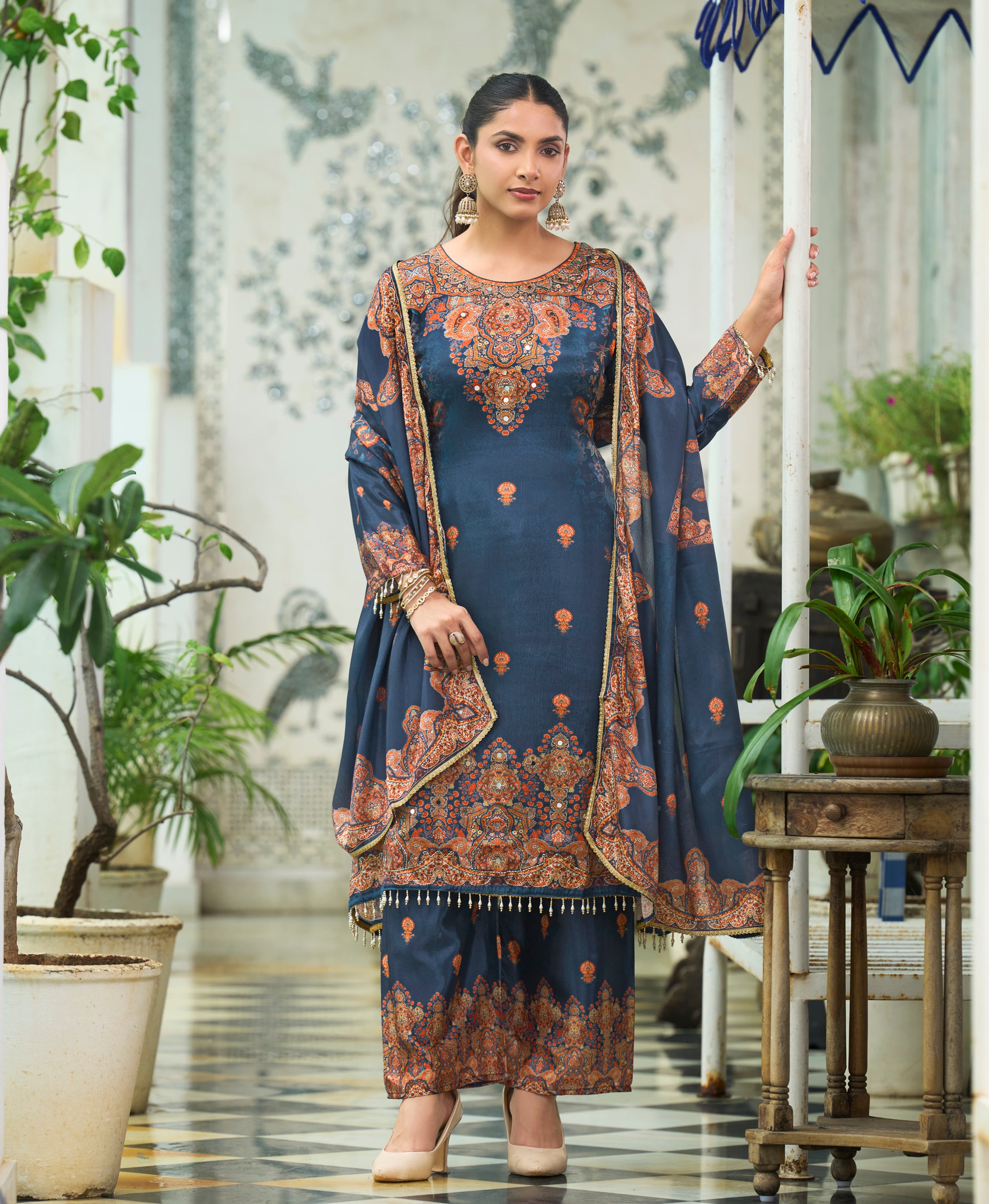 Navy Blue Chinon Chiffon Pakistani Style Festive & Party Kurta Set By Her Couture