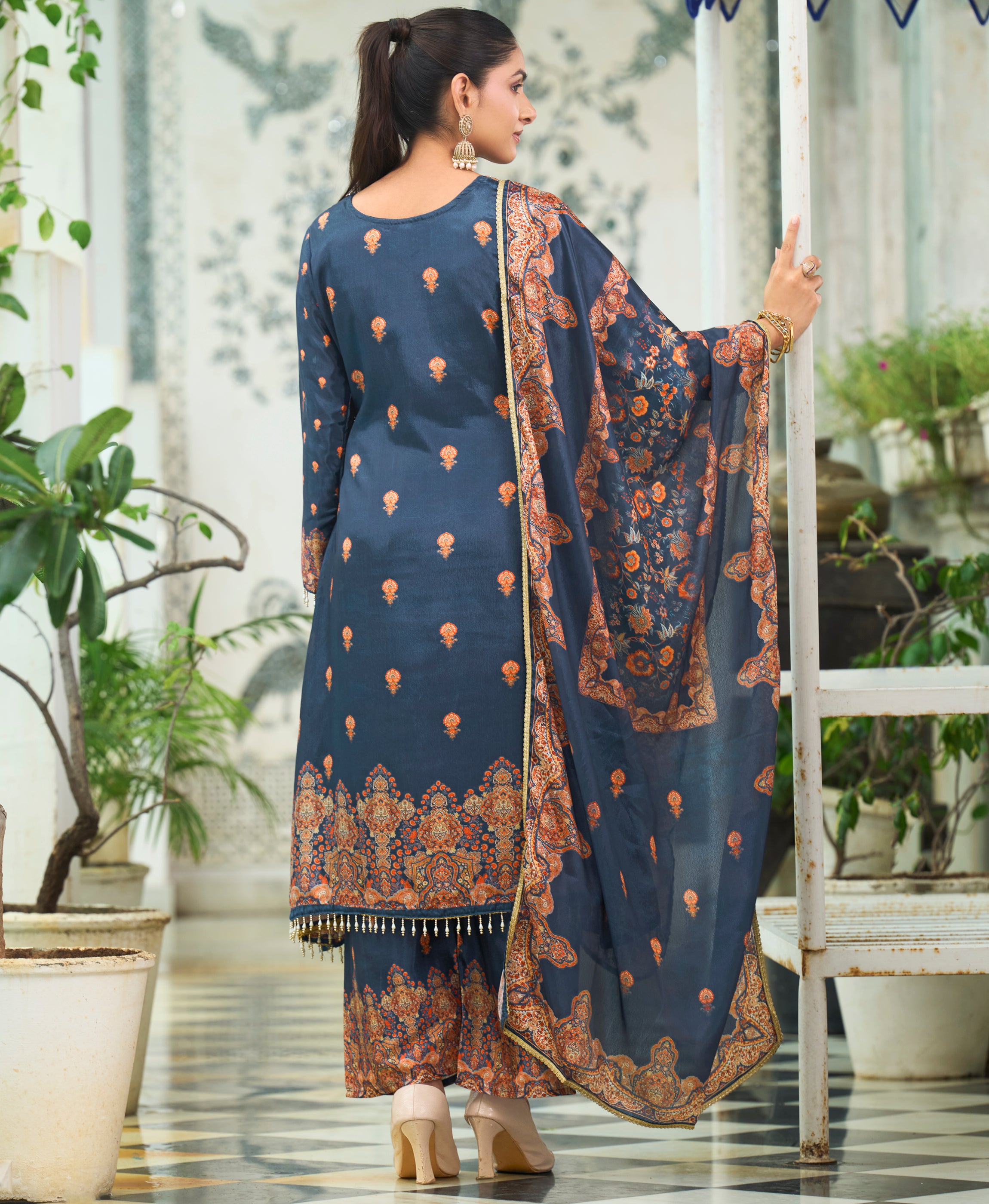 Her Couture Women's Navy Blue Chinon Chiffon Pakistani Printed Pakistani Style Kurta With Palazzo & Printed Dupatta