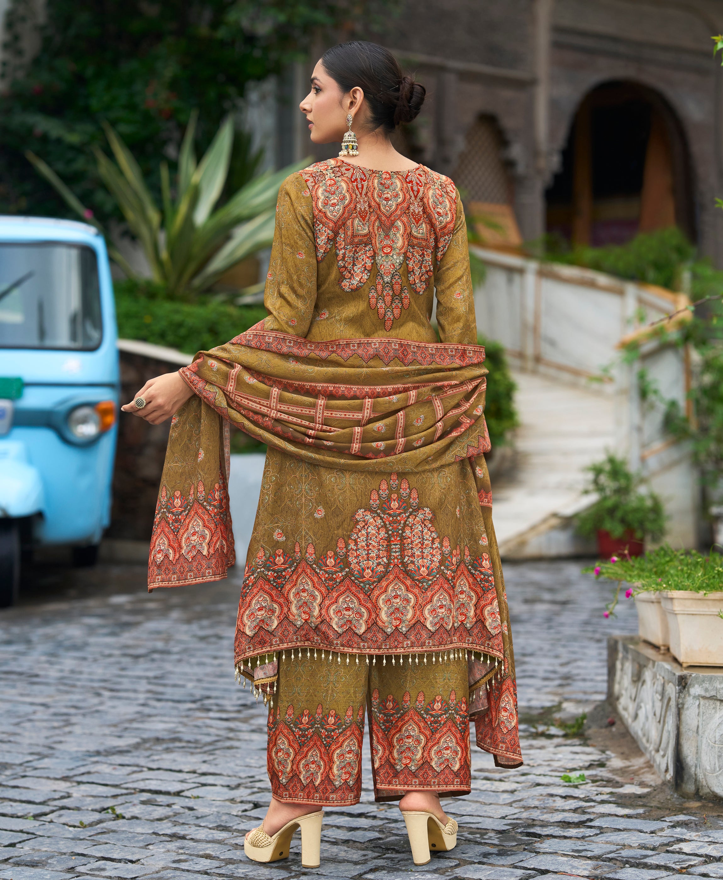 Her Couture Women's Olive Green Chinon Chiffon Pakistani Printed Pakistani Style Kurta With Palazzo & Printed Dupatta