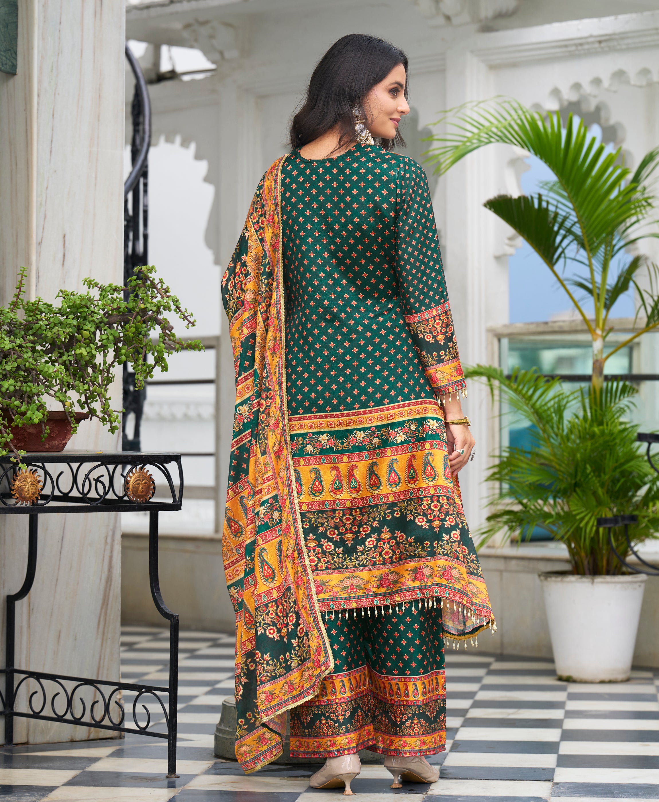 Her Couture Women's Green Chinon Chiffon Pakistani Printed Pakistani Style Kurta With Palazzo & Printed Dupatta