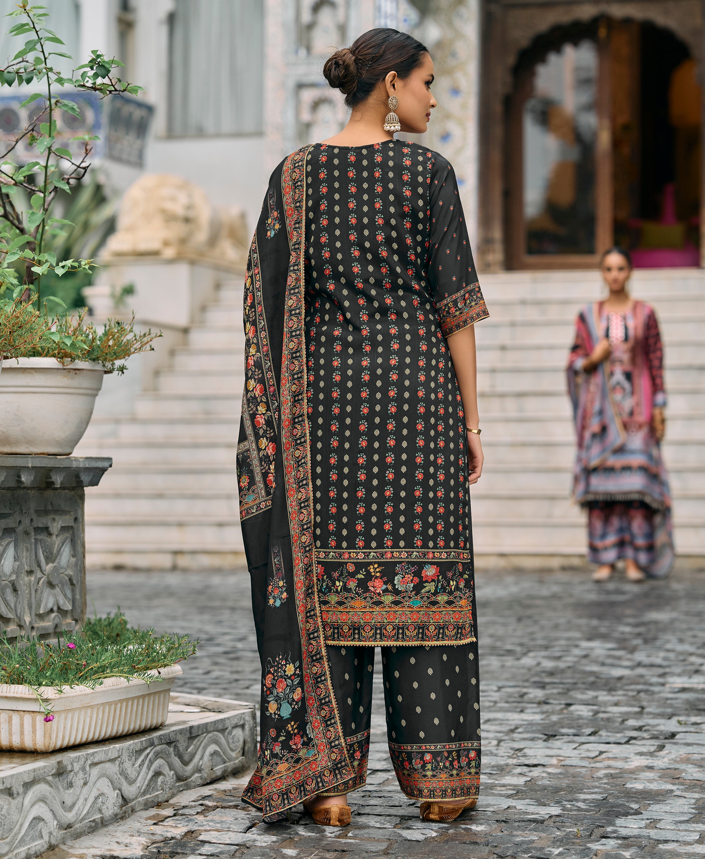 Her Couture Women's Black Chinon Chiffon Pakistani Printed Pakistani Style Kurta With Palazzo & Printed Dupatta